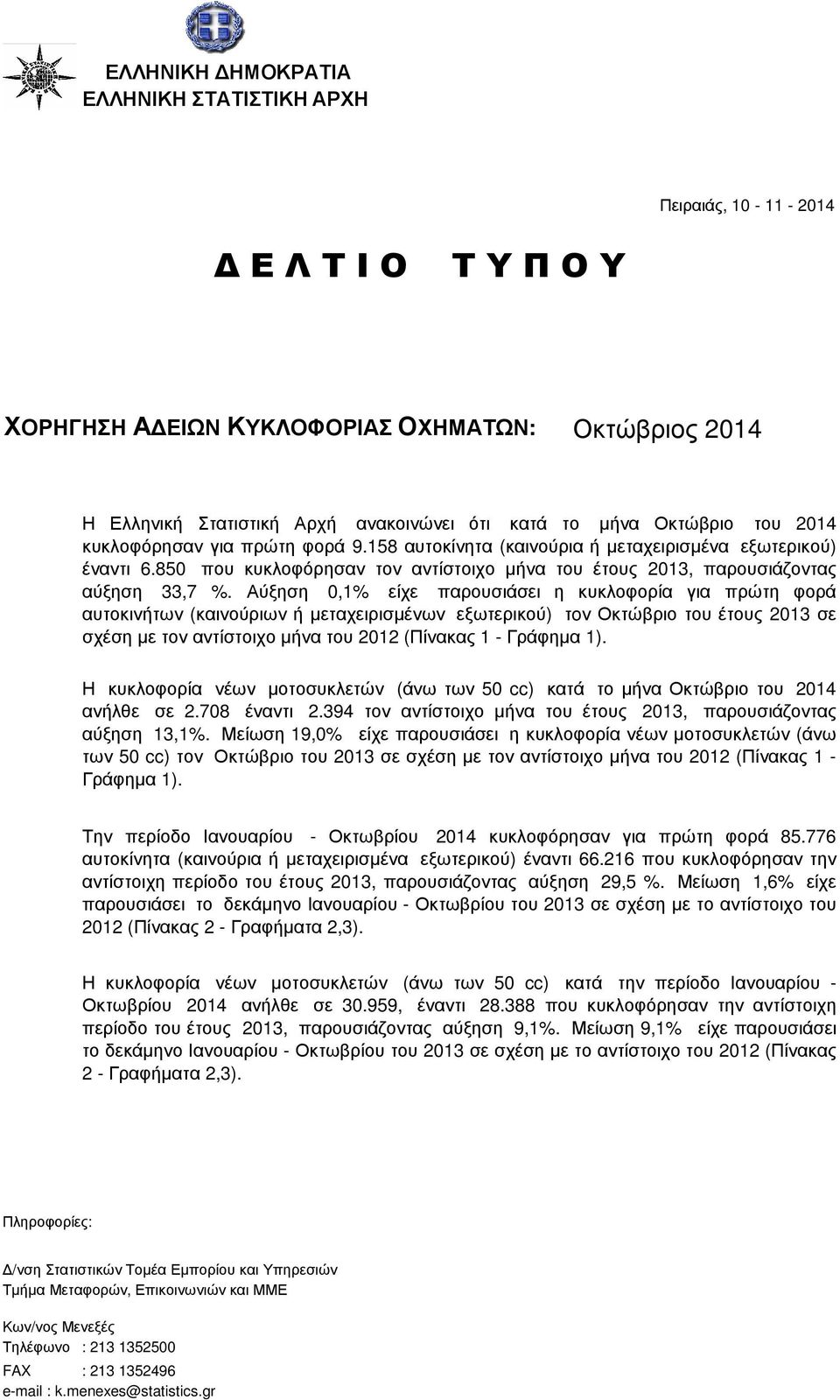 Αύξηση,1% είχε παρουσιάσει η κυκλοφορία για πρώτη φορά αυτοκινήτων (καινούριων ή µεταχειρισµένων εξωτερικού) τoν Οκτώβριο του έτους 213 σε σχέση µε τον αντίστοιχο µήνα του 212 (Πίνακας 1 - Γράφηµα 1).