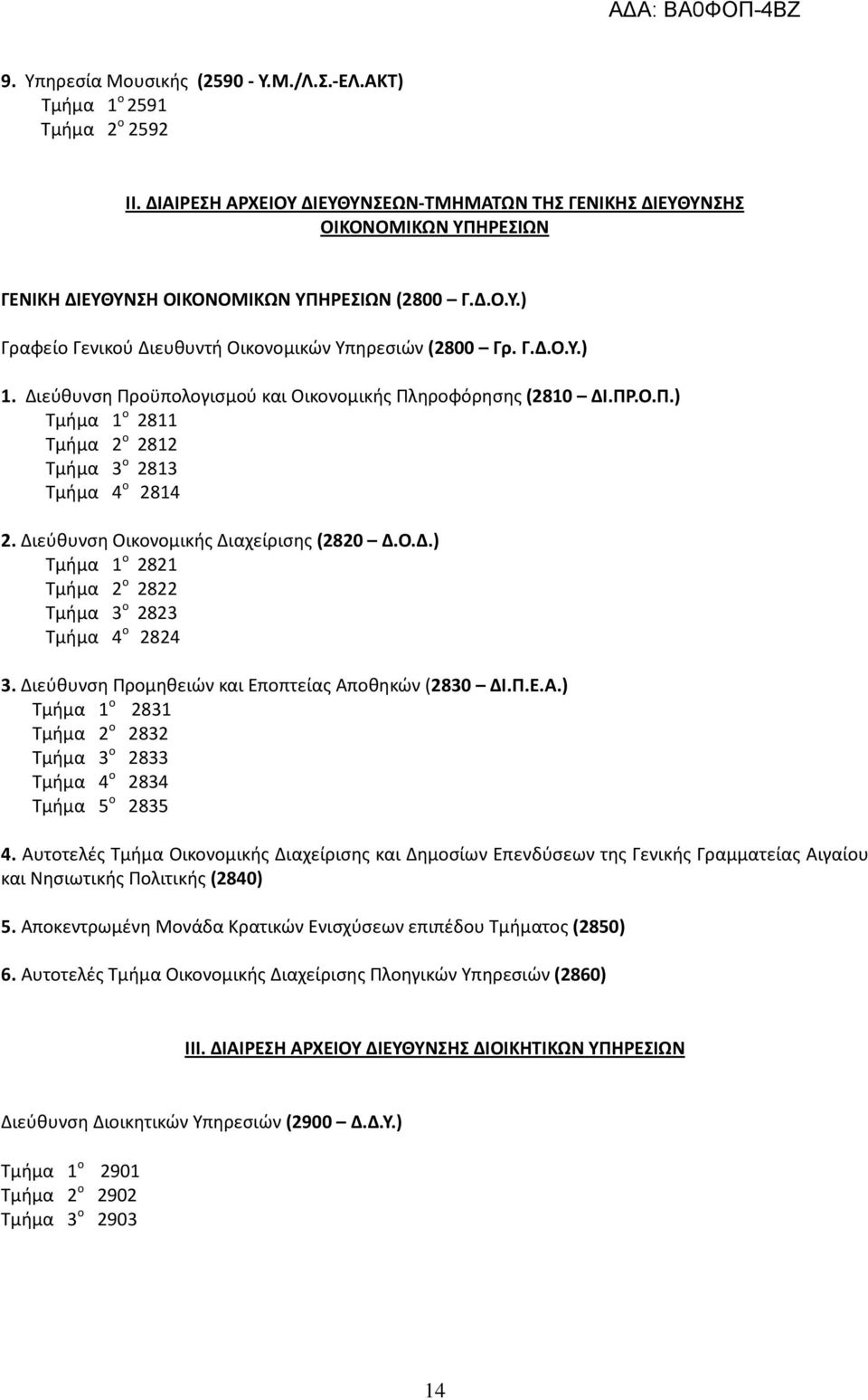 Διεύθυνση Προϋπολογισμού και Οικονομικής Πληροφόρησης (2810 ΔΙ.ΠΡ.Ο.Π.) Τμήμα 1 ο 2811 Τμήμα 2 ο 2812 Τμήμα 3 ο 2813 Τμήμα 4 ο 2814 2. Διεύθυνση Οικονομικής Διαχείρισης (2820 Δ.Ο.Δ.) Τμήμα 1 ο 2821 Τμήμα 2 ο 2822 Τμήμα 3 ο 2823 Τμήμα 4 ο 2824 3.