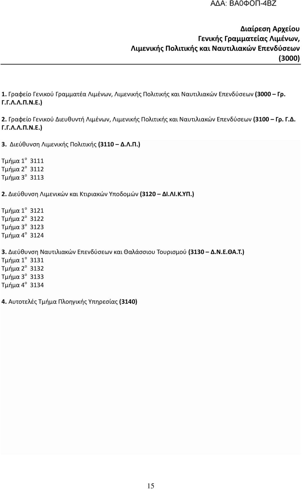 Γραφείο Γενικού Διευθυντή Λιμένων, Λιμενικής Πολιτικής και Ναυτιλιακών Επενδύσεων (3100 Γρ. Γ.Δ. Γ.Γ.Λ.Λ.Π.Ν.Ε.) 3. Διεύθυνση Λιμενικής Πολιτικής (3110 Δ.Λ.Π.) Τμήμα 1 ο 3111 Τμήμα 2 ο 3112 Τμήμα 3 ο 3113 2.