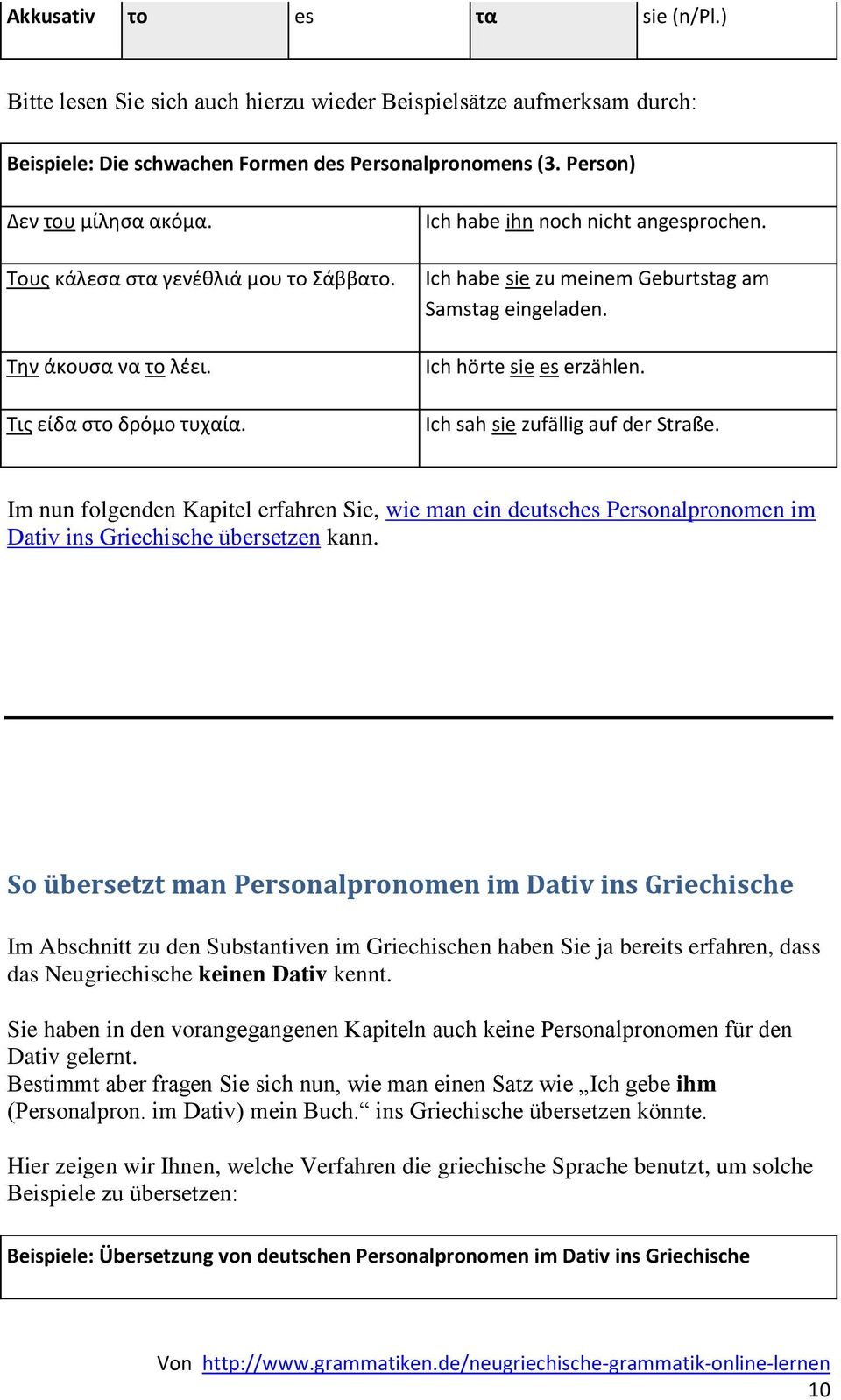 Ich hörte sie es erzählen. Ich sah sie zufällig auf der Straße. Im nun folgenden Kapitel erfahren Sie, wie man ein deutsches Personalpronomen im Dativ ins Griechische übersetzen kann.