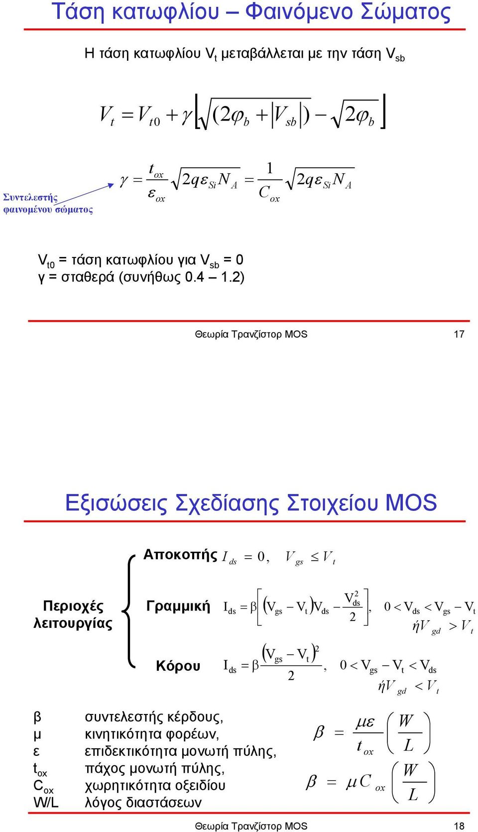 2) Θεωρία Τρανζίστορ MOS 17 Εξισώσεις Σχεδίασης Στοιχείου MOS Αποκοπής I ds = 0, V gs V t Περιοχές λειτουργίας Γραµµική Κόρου I ds = β 2 V ( V ) ds gs Vt Vds, 0 < Vds < Vgs Vt (
