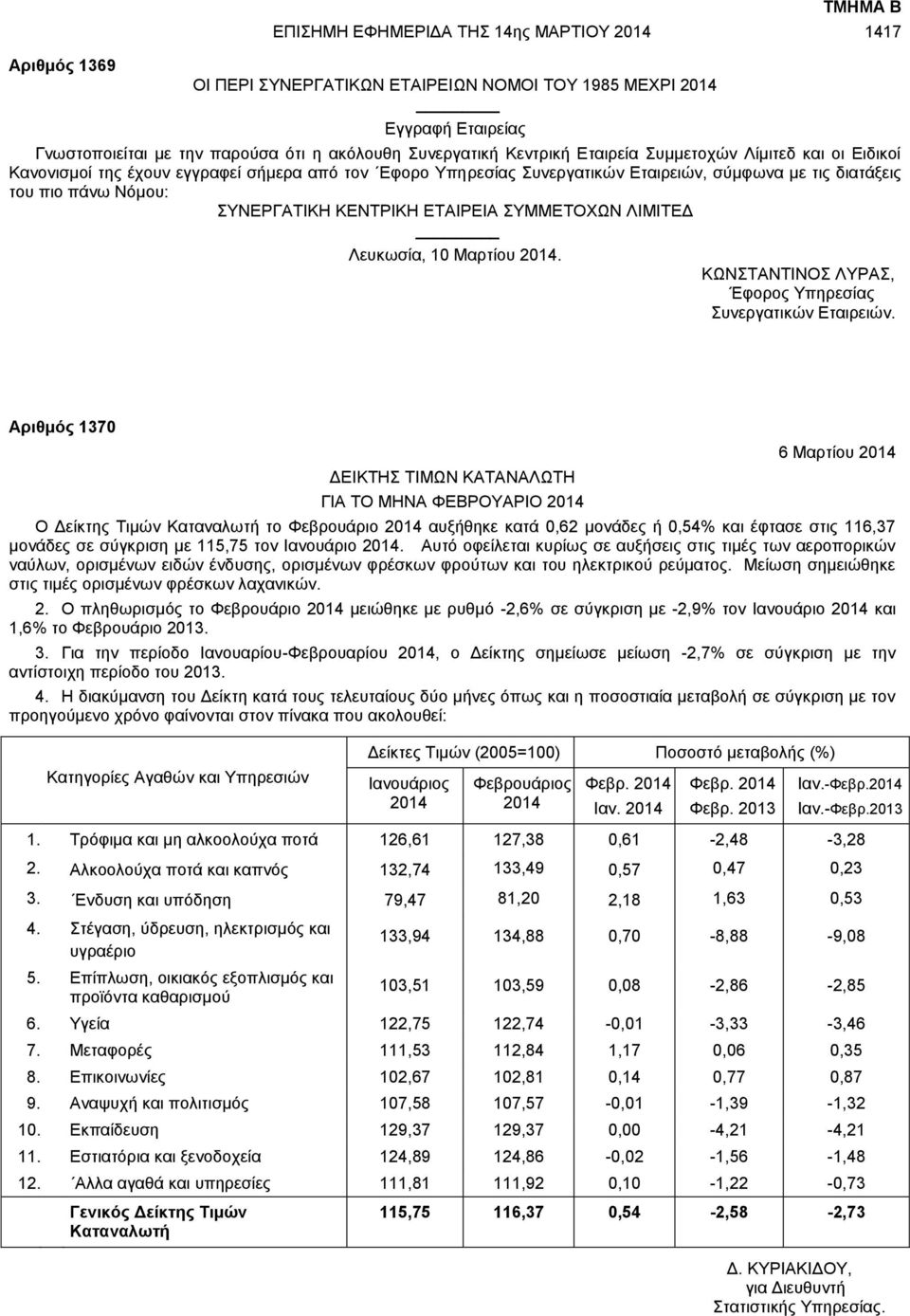 ΚΕΝΤΡΙΚΗ ΕΤΑΙΡΕΙΑ ΣΥΜΜΕΤΟΧΩΝ ΛΙΜΙΤΕΔ Λευκωσία, 10 Μαρτίου 2014. ΚΩΝΣΤΑΝΤΙΝΟΣ ΛΥΡΑΣ, Έφορος Υπηρεσίας Συνεργατικών Εταιρειών.