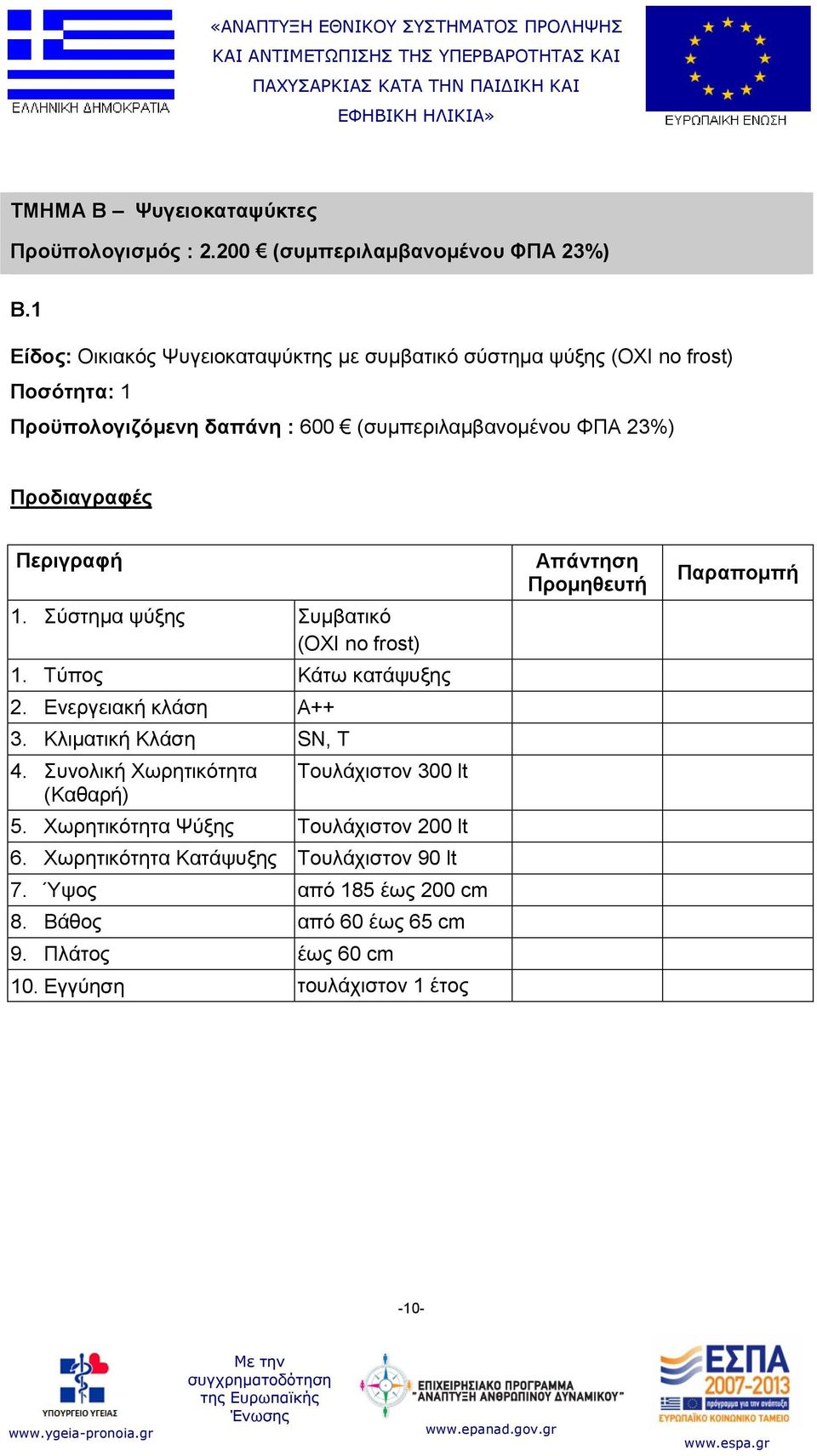 23%) 1. Σύστημα ψύξης Συμβατικό (ΟΧΙ no frost) 1. Τύπος Κάτω κατάψυξης 2. Ενεργειακή κλάση A++ 3. Κλιματική Κλάση SN, T 4.