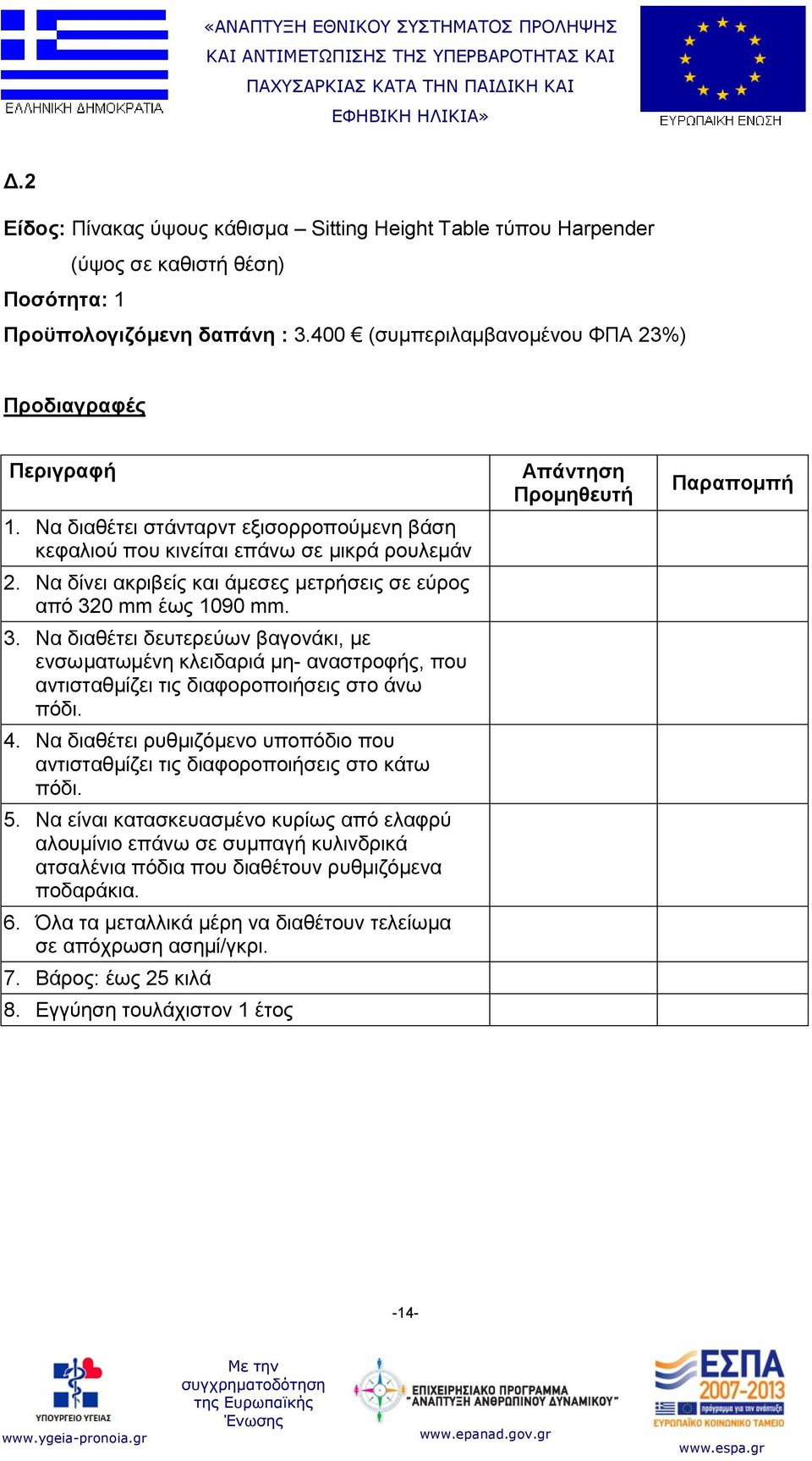 0 mm έως 1090 mm. 3. Να διαθέτει δευτερεύων βαγονάκι, με ενσωματωμένη κλειδαριά μη- αναστροφής, που αντισταθμίζει τις διαφοροποιήσεις στο άνω πόδι. 4.