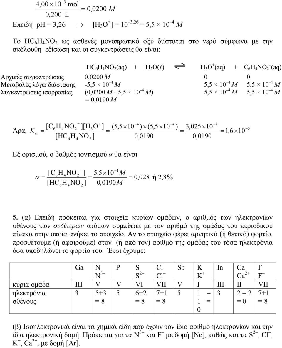 0,0190 Μ 5,5 10 4 M 5,5 10 4 M + 4 4 7 [ C6Η 4ΝΟ ][H3O ] (5,5 10 ) (5,5 10 ) 3,05 10 5 Άρα, K α 1,6 10 [HC Η ΝΟ ] 0,0190 0,0190 6 Εξ ορισμού, ο βαθμός ιοντισμού α θα είναι 4 6 4 [C Η 4ΝΟ ] 5,5 10 M α