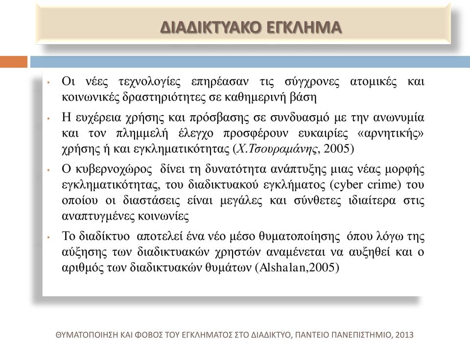 Τσουραμάνης, 2005) Ο κυβερνοχώρος δίνει τη δυνατότητα ανάπτυξης μιας νέας μορφής εγκληματικότητας, του διαδικτυακού εγκλήματος (cyber crime) του οποίου οι διαστάσεις