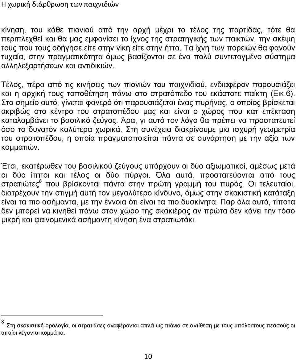 Τέλος, πέρα από τις κινήσεις των πιονιών του παιχνιδιού, ενδιαφέρον παρουσιάζει και η αρχική τους τοποθέτηση πάνω στο στρατόπεδο του εκάστοτε παίκτη (Εικ.6).