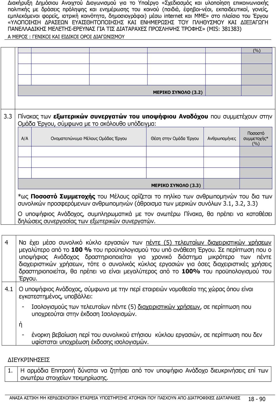 Ποσοστό συμμετοχής* (%) ΜΕΡΙΚΟ ΣΥΝΟΛΟ (3.3) *ως Ποσοστό Συμμετοχής του Μέλους ορίζεται το πηλίκο των ανθρωπομηνών του δια των συνολικών προσφερόμενων ανθρωπομηνών (άθροισμα των μερικών συνόλων 3.1, 3.