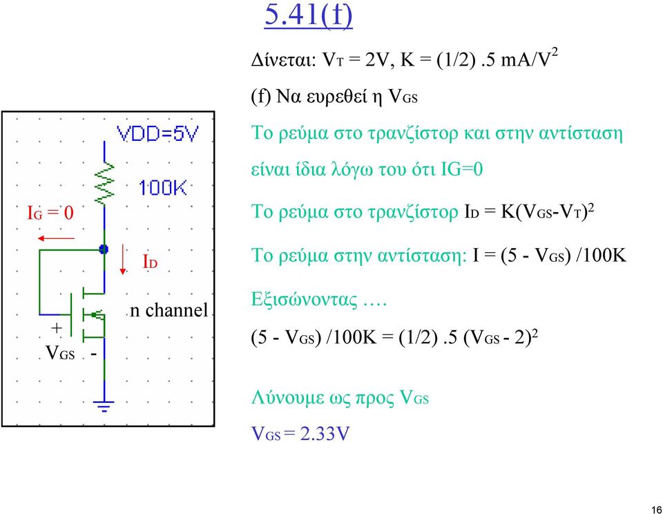 ίδια λόγω του ότι IG=0 IG = 0 Το ρεύµα στο τρανζίστορ ID = K(VGS-VT) 2 + VGS - ID
