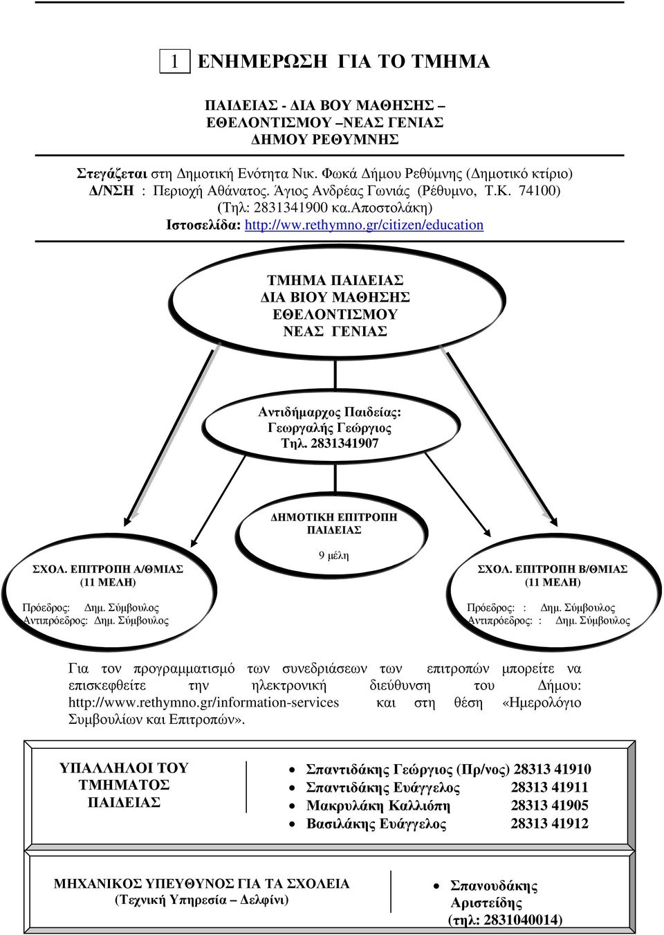 gr/citizen/education ΤΜΗΜΑ ΠΑΙ ΕΙΑΣ ΙΑ ΒΙΟΥ ΜΑΘΗΣΗΣ ΕΘΕΛΟΝΤΙΣΜΟΥ ΝΕΑΣ ΓΕΝΙΑΣ Αντιδήµαρχος Παιδείας: Γεωργαλής Γεώργιος Τηλ. 2831341907 ΗΜΟΤΙΚΗ ΕΠΙΤΡΟΠΗ ΠΑΙ ΕΙΑΣ ΣΧΟΛ.