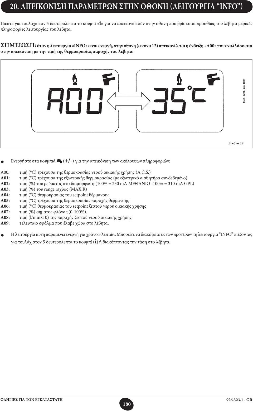 ΣΗΜΕΙΩΣΗ: όταν η λειτουργία «INFO» είναι ενεργή, στην οθόνη (εικόνα 12) απεικονίζεται η ένδειξη «Α00» που εναλλάσσεται στην απεικόνιση με την τιμή της θερμοκρασίας παροχής του λέβητα: 0605_2204 /