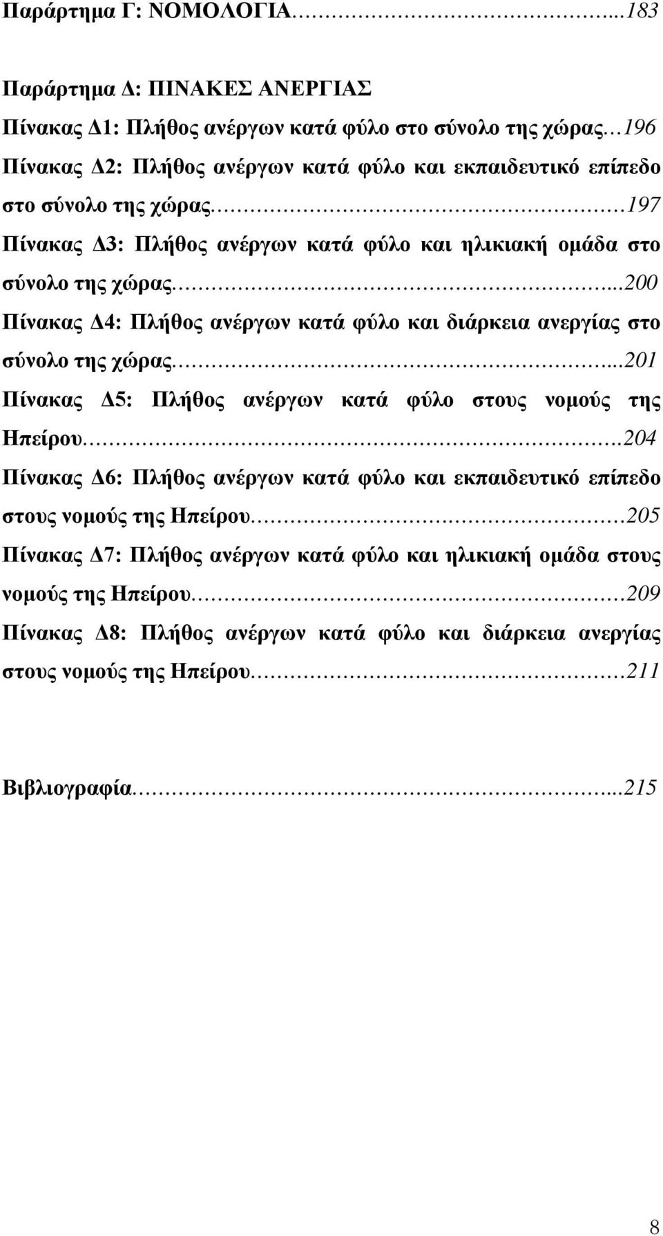 197 Πίνακας Δ3: Πλήθος ανέργων κατά φύλο και ηλικιακή ομάδα στο σύνολο της χώρας...200 Πίνακας Δ4: Πλήθος ανέργων κατά φύλο και διάρκεια ανεργίας στο σύνολο της χώρας.