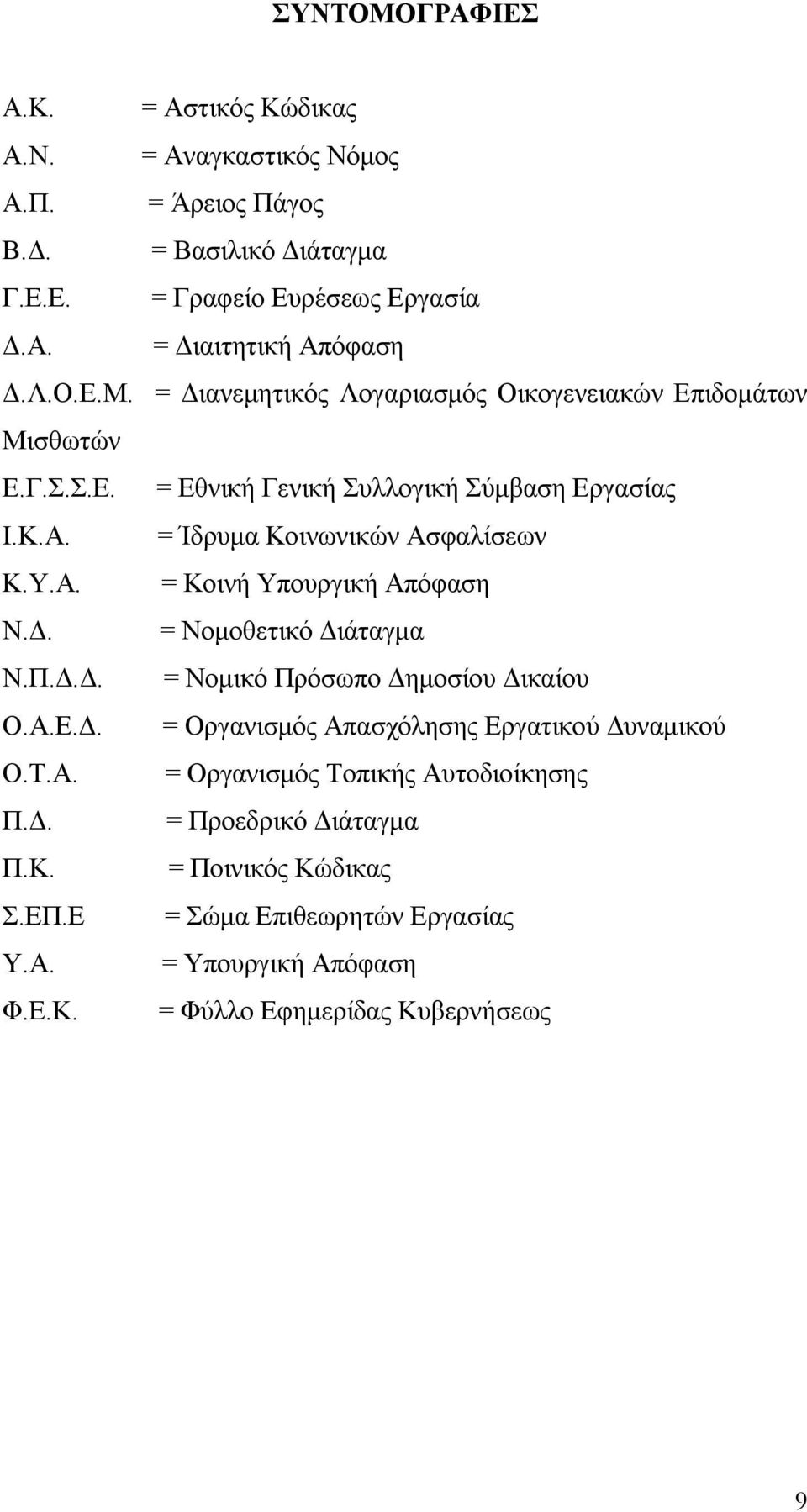 Δ. = Νομοθετικό Διάταγμα Ν.Π.Δ.Δ. = Νομικό Πρόσωπο Δημοσίου Δικαίου Ο.Α.Ε.Δ. = Οργανισμός Απασχόλησης Εργατικού Δυναμικού Ο.Τ.Α. = Οργανισμός Τοπικής Αυτοδιοίκησης Π.Δ. = Προεδρικό Διάταγμα Π.