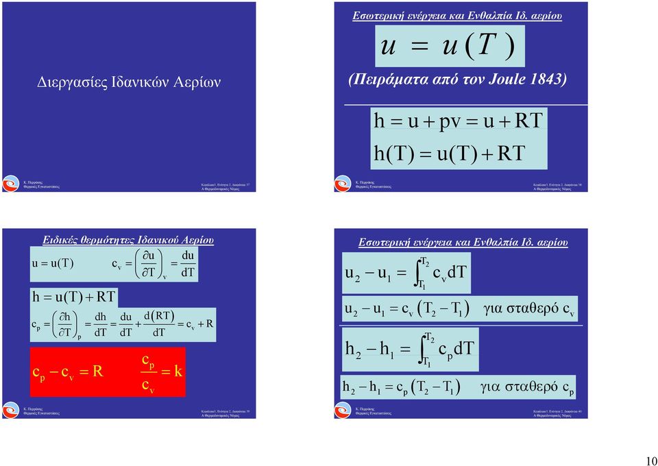 Διαφάνεια 38 Ειδικές θερμότητες Ιδανικού Αερίου u du u u(t) cv T dt h u(t) RT h dh du d RT c cv R T dt dt dt c c cv R k c