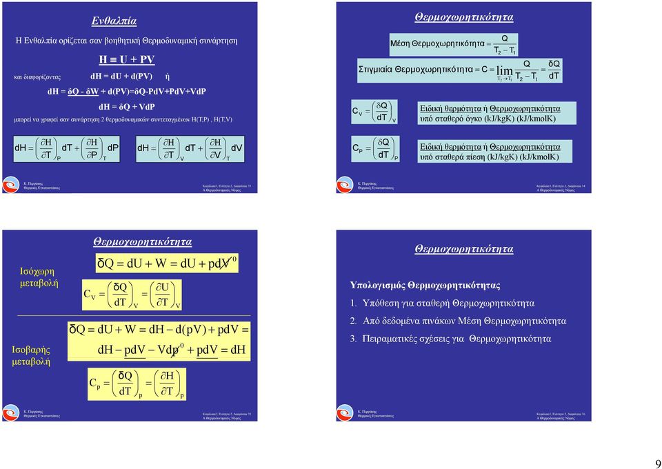 (kj/kgk) (kj/kmolk) dh T P dt P T dp dh T dt T d C P Q dt P Eιδική θερμότητα ή Θερμοχωρητικότητα υπό σταθερά πίεση (kj/kgk) (kj/kmolk) Κεφάλαιο3, Ενότητα, Διαφάνεια 33 Κεφάλαιο3, Ενότητα, Διαφάνεια