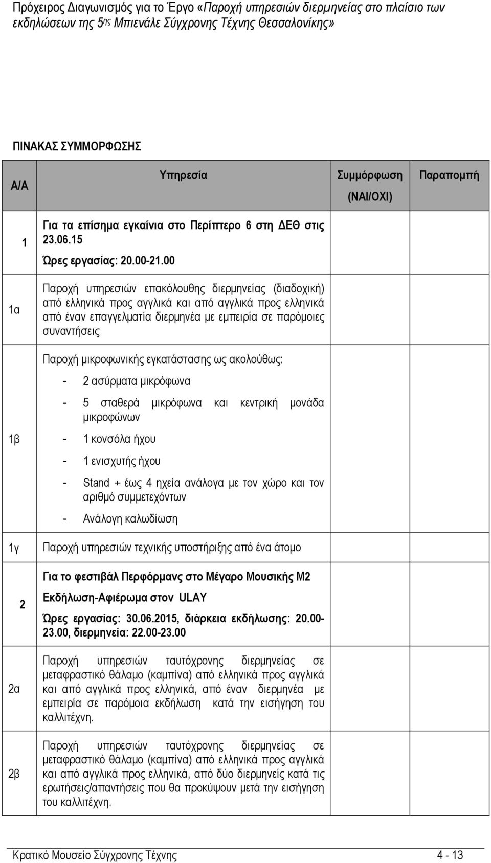 µικροφωνικής εγκατάστασης ως ακολούθως: - 2 ασύρµατα µικρόφωνα - 5 σταθερά µικρόφωνα και κεντρική µονάδα µικροφώνων 1β - 1 κονσόλα ήχου - 1 ενισχυτής ήχου - Stand + έως 4 ηχεία ανάλογα µε τον χώρο