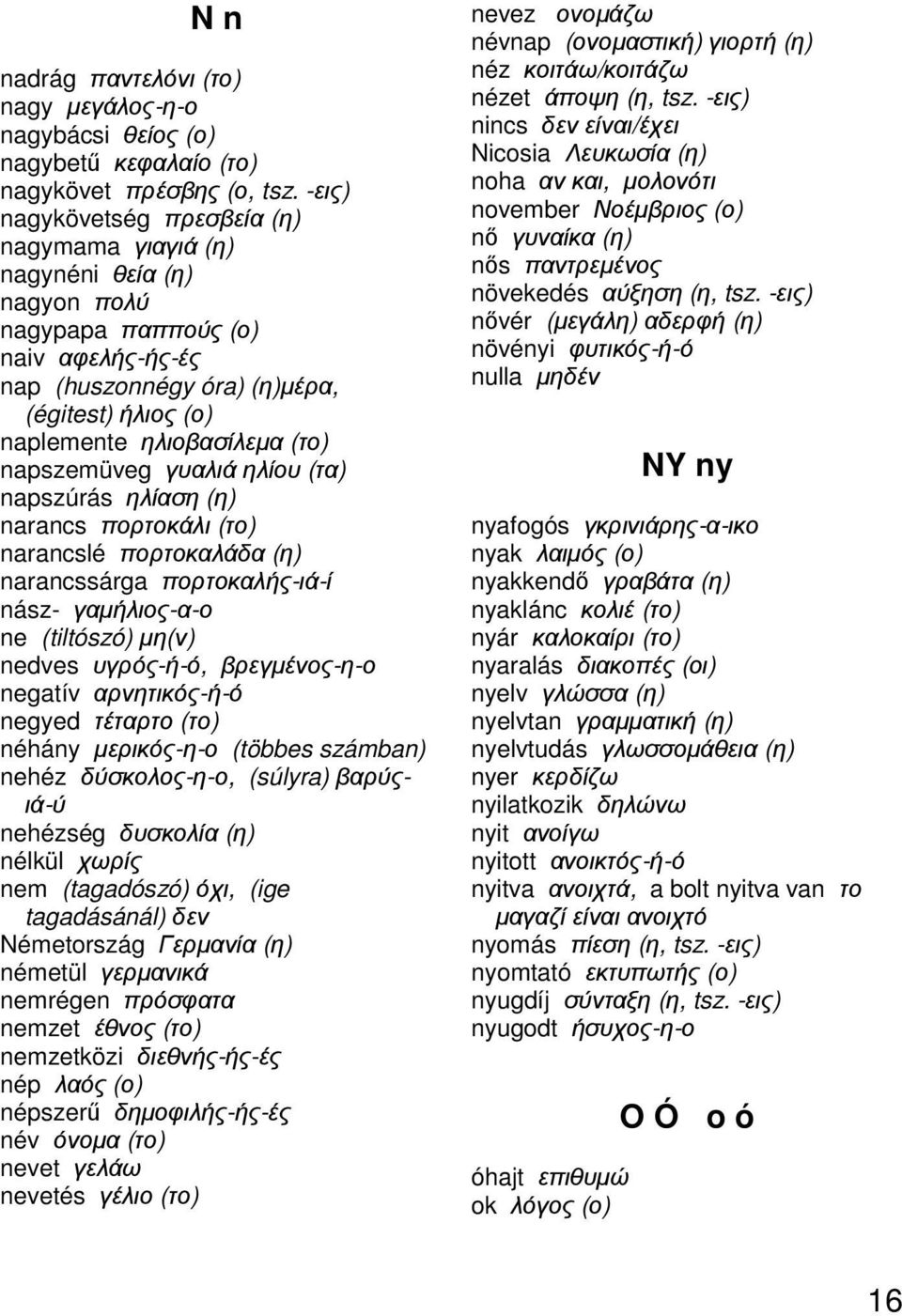 napszemüveg γυαλιά ηλίου (τα) napszúrás ηλίαση (η) narancs πορτοκάλι (το) narancslé πορτοκαλάδα (η) narancssárga πορτοκαλής-ιά-ί nász- γαµήλιος-α-ο ne (tiltószó) µη(ν) nedves υγρός-ή-ό, βρεγµένος-η-ο