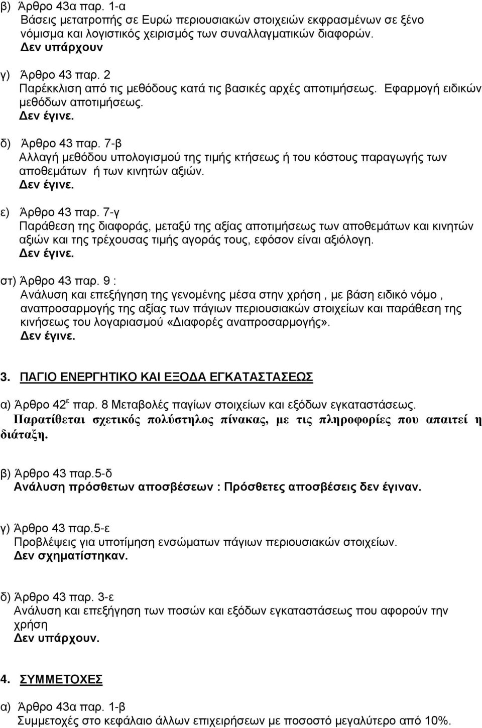 7-β Αλλαγή μεθόδου υπολογισμού της τιμής κτήσεως ή του κόστους παραγωγής των αποθεμάτων ή των κινητών αξιών. ε) Άρθρο 43 παρ.