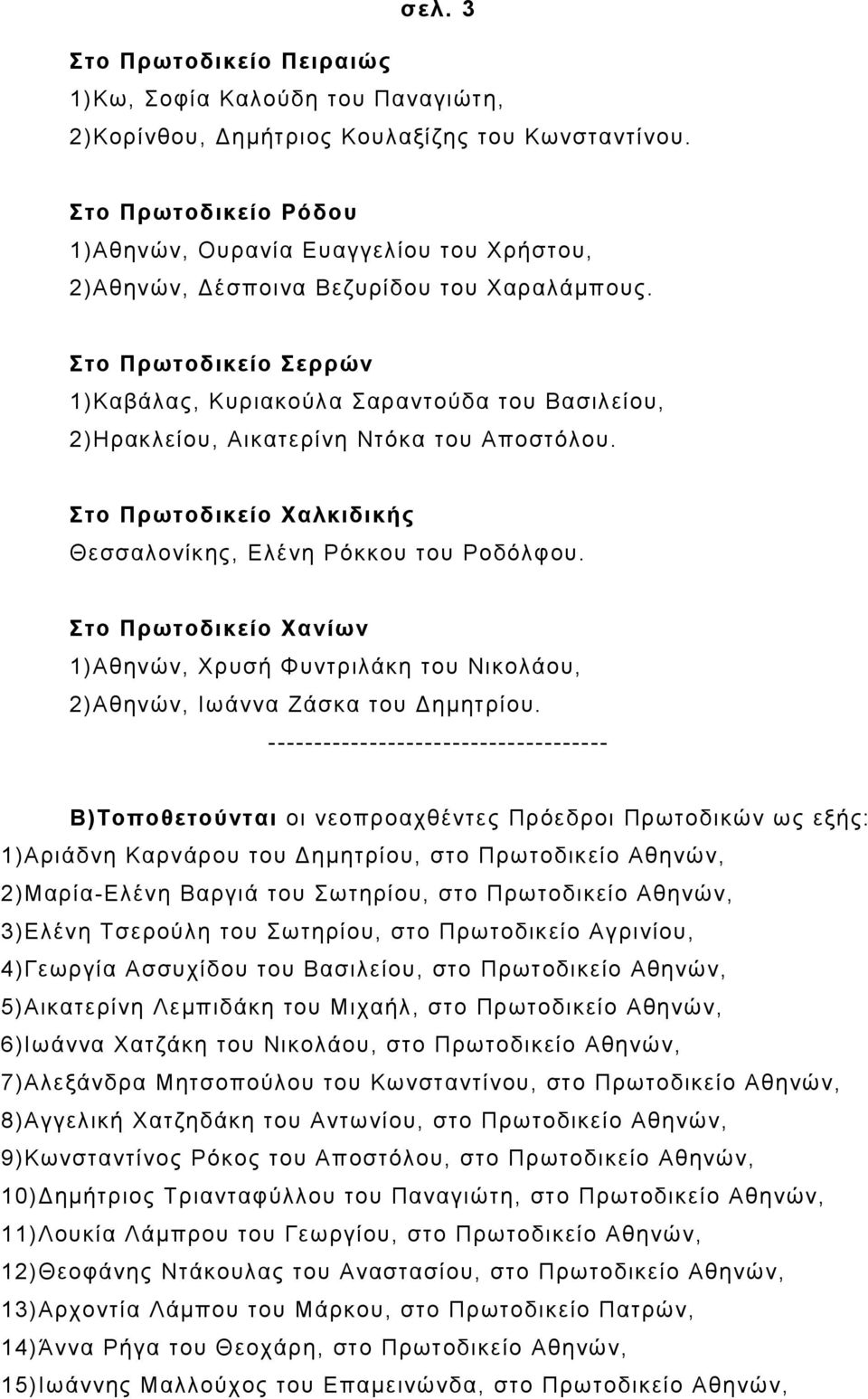 Στο Πρωτοδικείο Σερρών 1)Καβάλας, Κυριακούλα Σαραντούδα του Βασιλείου, 2)Ηρακλείου, Αικατερίνη Ντόκα του Αποστόλου. Στο Πρωτοδικείο Χαλκιδικής Θεσσαλονίκης, Ελένη Ρόκκου του Ροδόλφου.