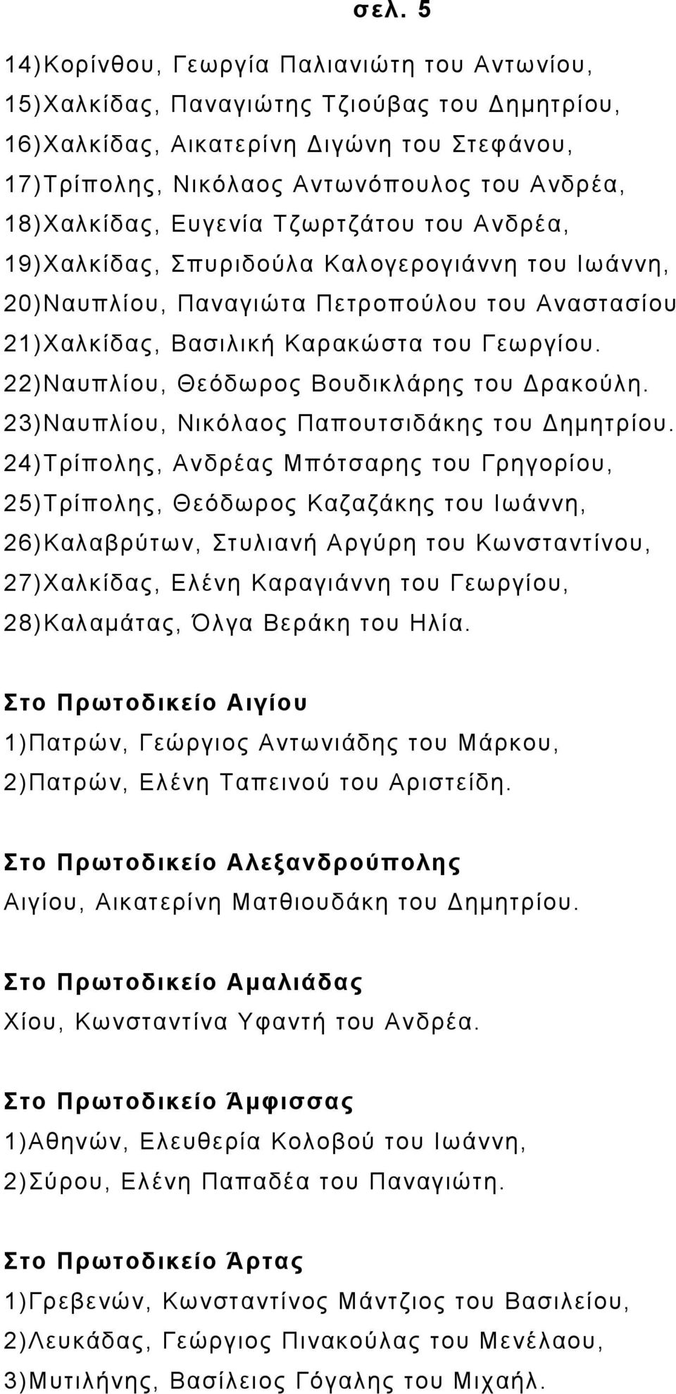 22)Ναυπλίου, Θεόδωρος Βουδικλάρης του Δρακούλη. 23)Ναυπλίου, Νικόλαος Παπουτσιδάκης του Δημητρίου.