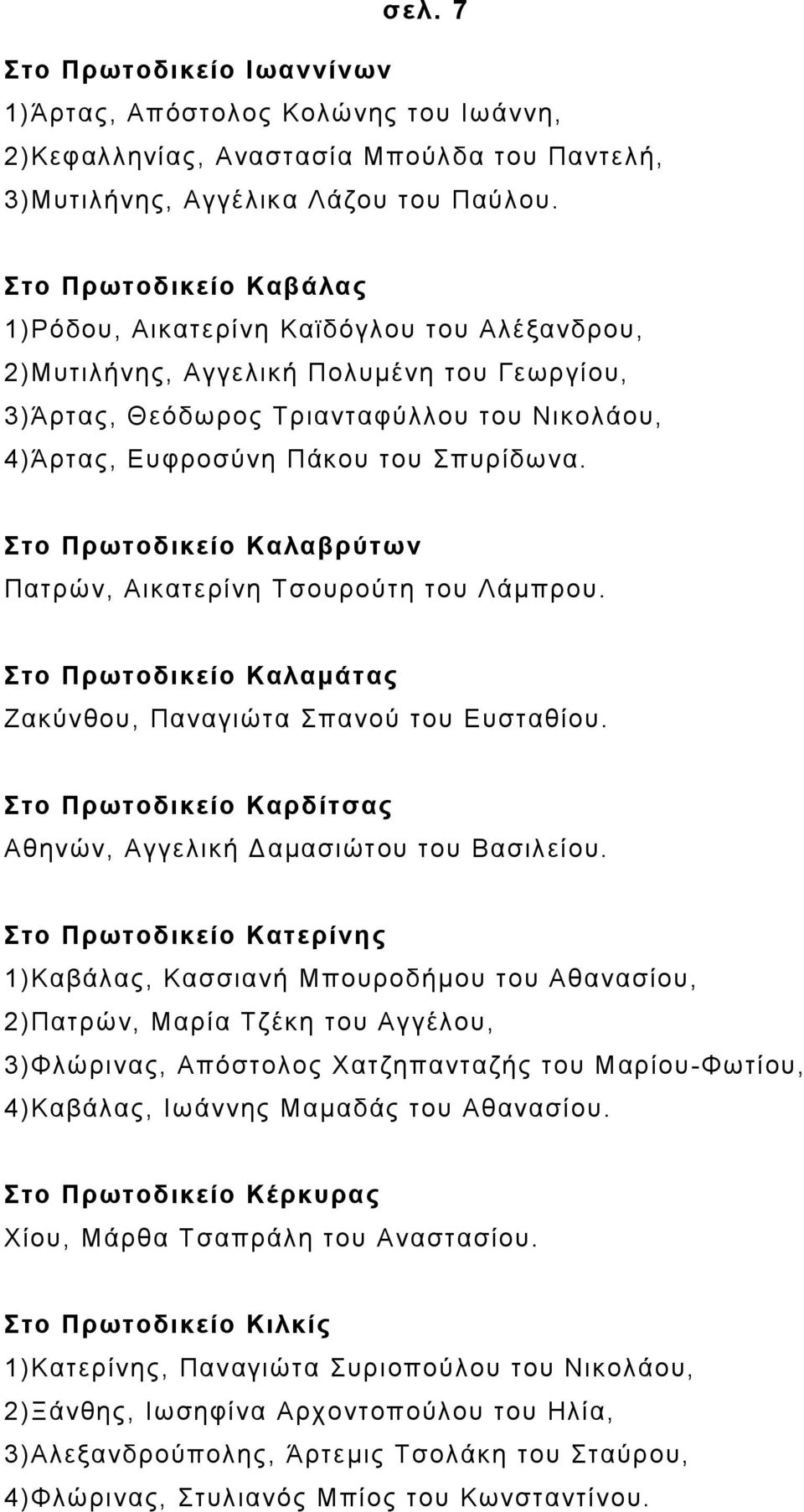 Στο Πρωτοδικείο Καλαβρύτων Πατρών, Αικατερίνη Τσουρούτη του Λάμπρου. Στο Πρωτοδικείο Καλαμάτας Ζακύνθου, Παναγιώτα Σπανού του Ευσταθίου.