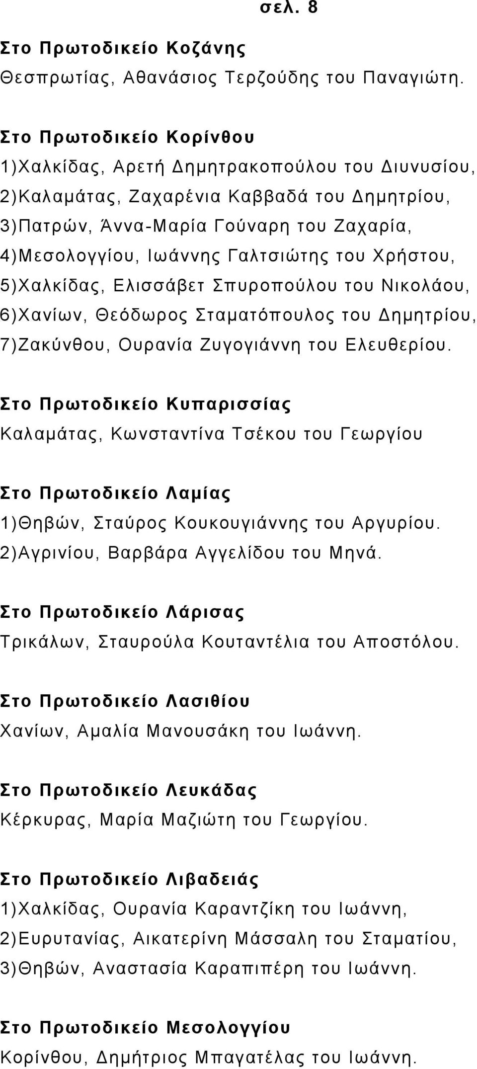 Χρήστου, 5)Χαλκίδας, Ελισσάβετ Σπυροπούλου του Νικολάου, 6)Χανίων, Θεόδωρος Σταματόπουλος του Δημητρίου, 7)Ζακύνθου, Ουρανία Ζυγογιάννη του Ελευθερίου.