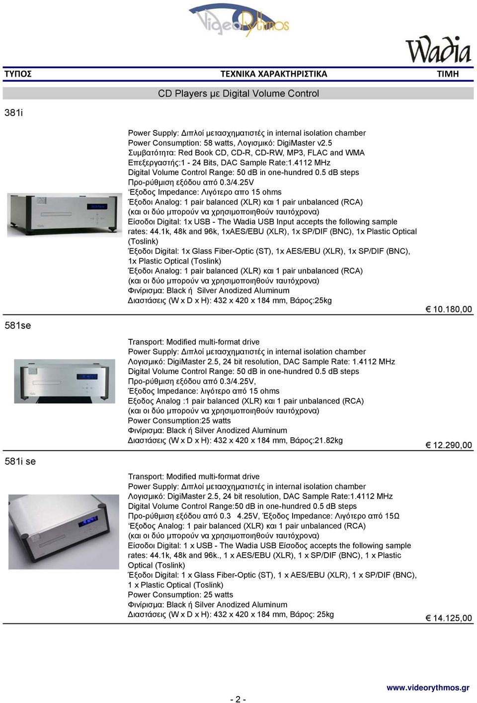 25V Εξοδος Impedance: Λιγότερο απο 15 ohms Έξοδοι Analog: 1 pair balanced (XLR) και 1 pair unbalanced (RCA) Είσοδοι Digital: 1x USB - The Wadia USB Input accepts the following sample rates: 44.