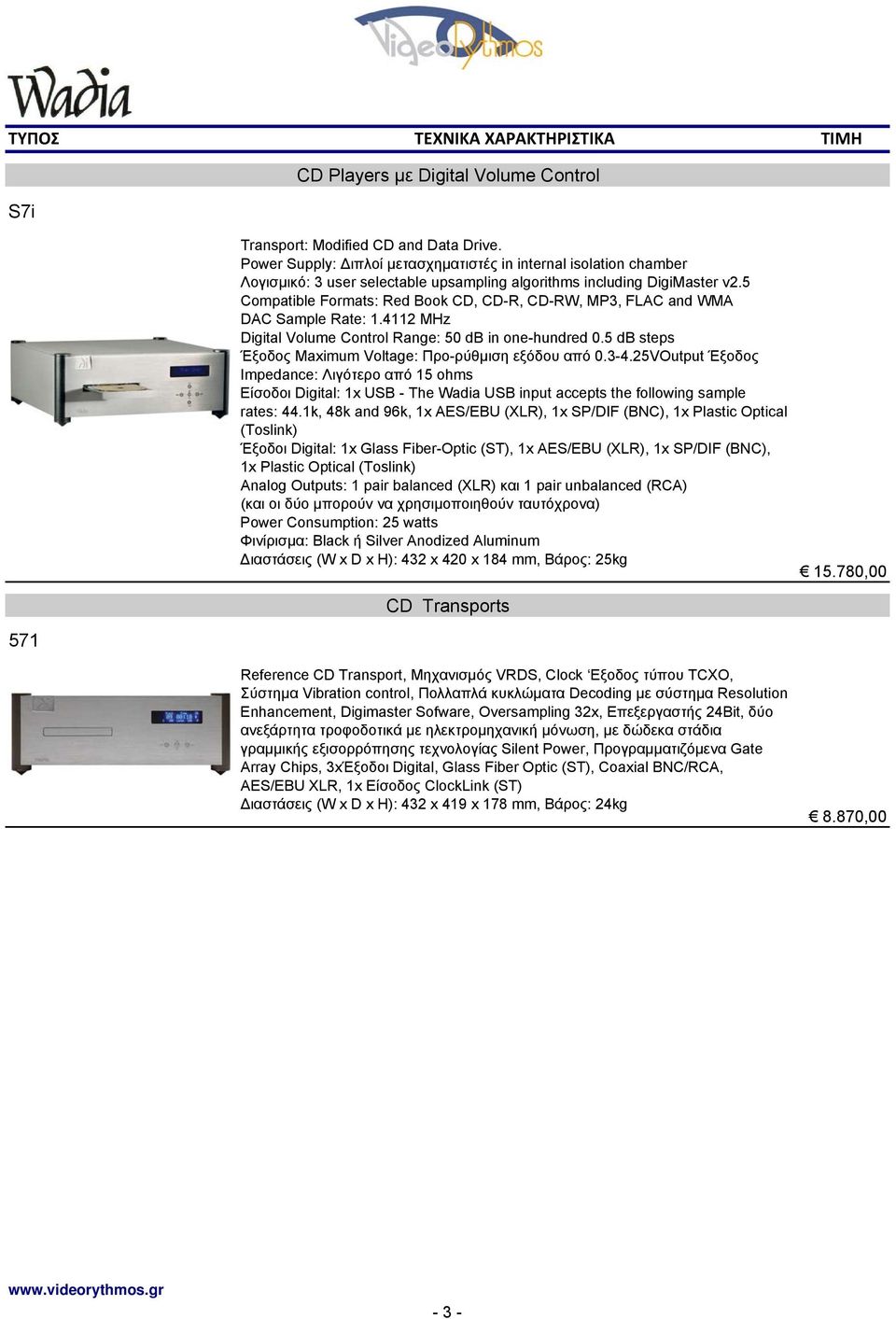 25VOutput Έξοδος Impedance: Λιγότερο από 15 ohms Είσοδοι Digital: 1x USB - The Wadia USB input accepts the following sample rates: 44.