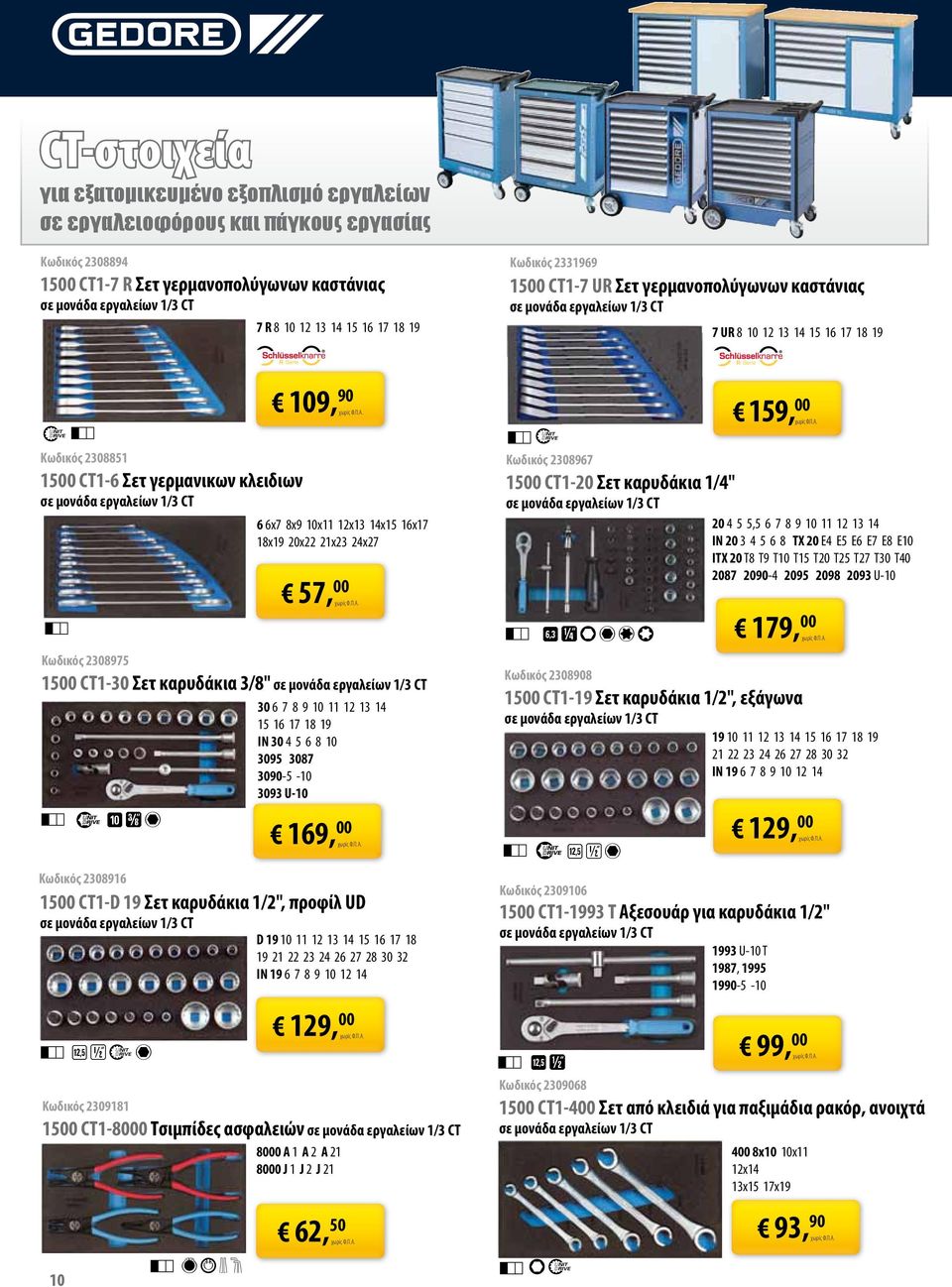 γερμανικων κλειδιων σε μονάδα εργαλείων 1/3 CT 6 6x7 8x9 10x11 12x13 14x15 16x17 18x19 20x22 21x23 24x27 57, 00 Κωδικός 2308975 1500 CT1-30 Σετ καρυδάκια 3/8" σε μονάδα εργαλείων 1/3 CT 30 6 7 8 9 10