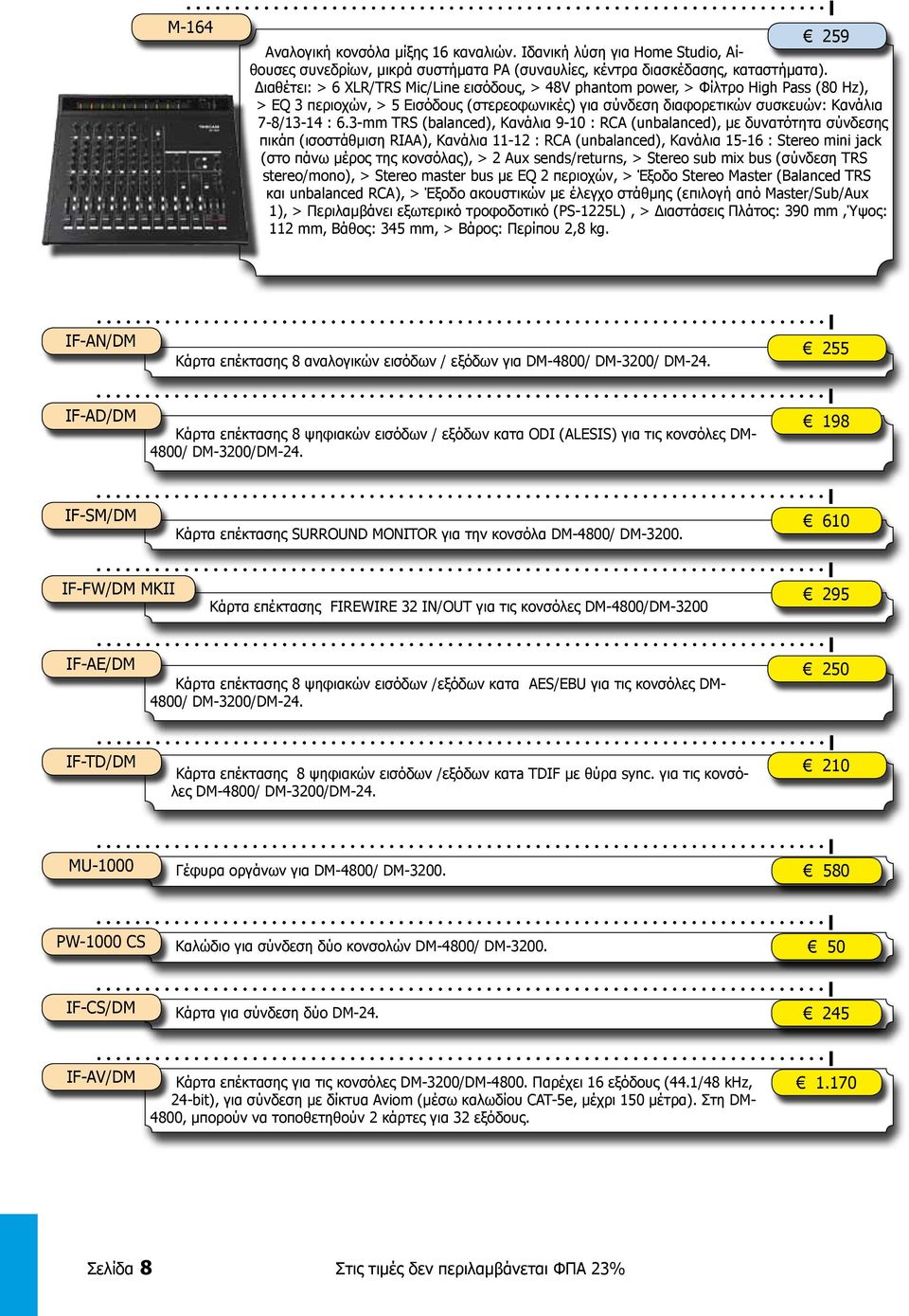 3-mm TRS (balanced), Κανάλια 9-10 : RCA (unbalanced), με δυνατότητα σύνδεσης πικάπ (ισοστάθμιση RIAA), Κανάλια 11-12 : RCA (unbalanced), Κανάλια 15-16 : Stereo mini jack (στο πάνω μέρος της