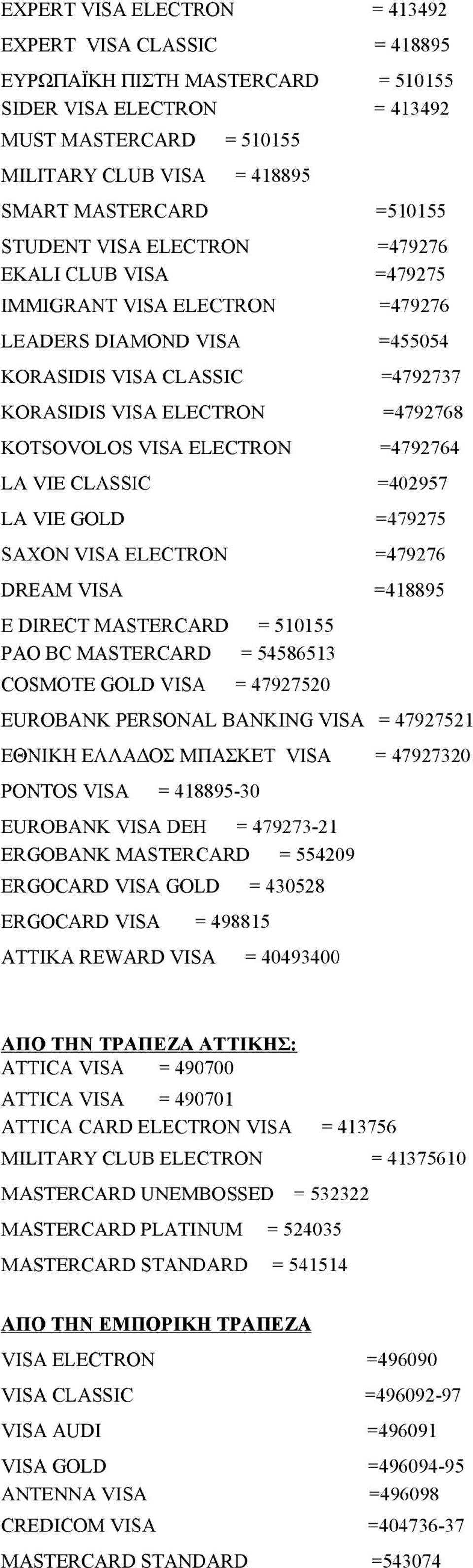 VISA ELECTRON =4792764 LA VIE CLASSIC =402957 LA VIE GOLD =479275 SAXON VISA ELECTRON =479276 DREAM VISA =418895 E DIRECT MASTERCARD = 510155 PAO BC MASTERCARD = 54586513 COSMOTE GOLD VISA = 47927520