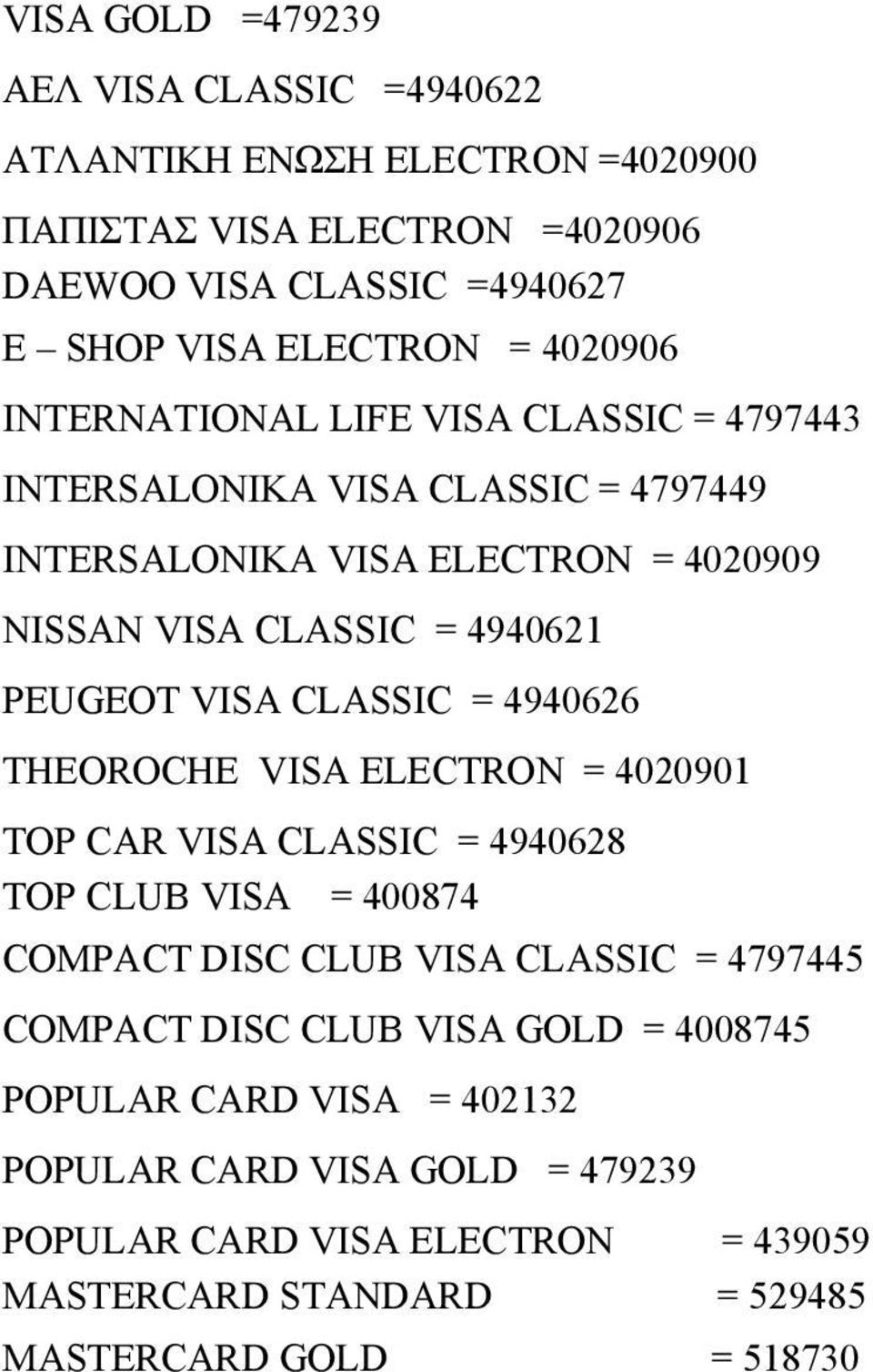 VISA CLASSIC = 4940626 THEOROCHE VISA ELECTRON = 4020901 TOP CAR VISA CLASSIC = 4940628 TOP CLUB VISA = 400874 COMPACT DISC CLUB VISA CLASSIC = 4797445 COMPACT DISC