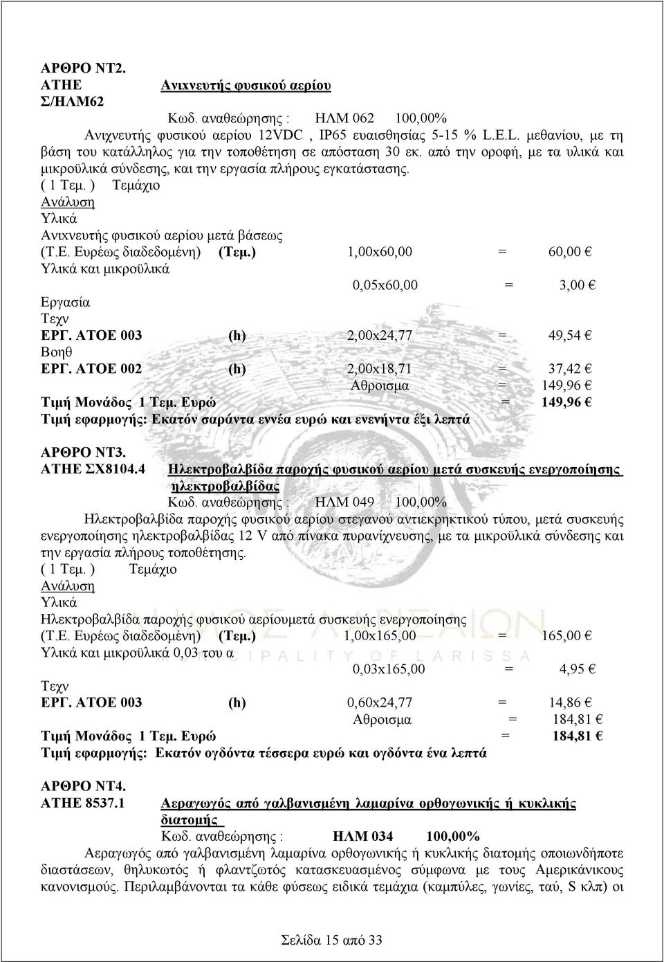 ) Τεμάχιο Ανάλυση Υλικά Ανιxνευτής φυσικού αερίου μετά βάσεως (Τ.Ε. Ευρέως διαδεδομένη) (Τεμ.) 1,00x60,00 = 60,00 Υλικά και μικροϋλικά 0,05x60,00 = 3,00 Εργασία Τεχν ΕΡΓ.