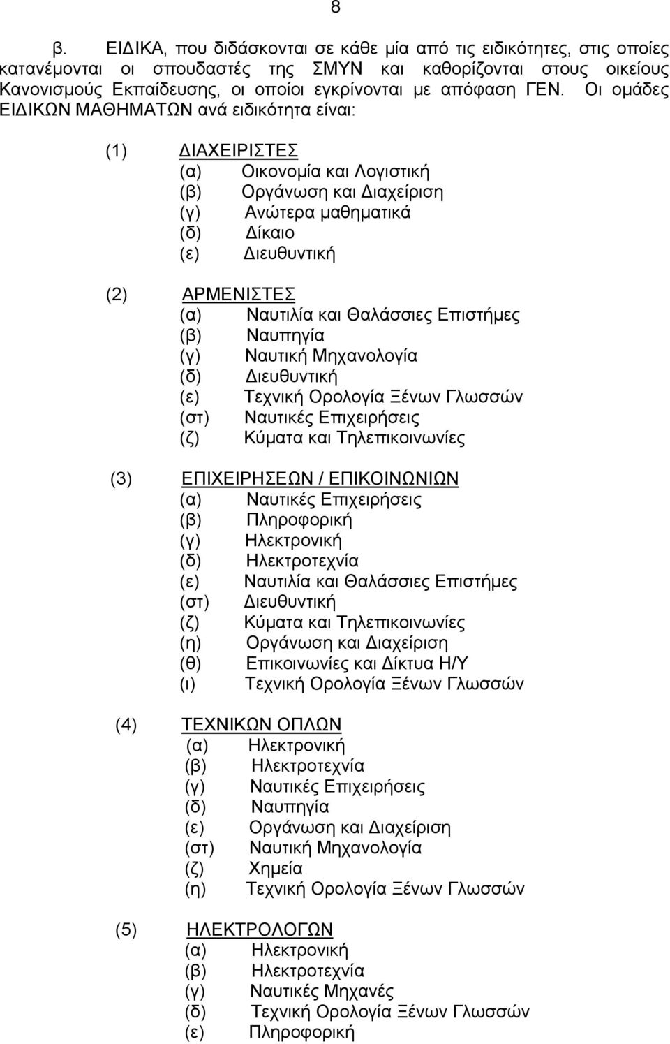 Ναυτιλία και Θαλάσσιες Επιστήμες (β) Ναυπηγία (γ) Ναυτική Μηχανολογία (δ) Διευθυντική (ε) Τεχνική Ορολογία Ξένων Γλωσσών (στ) Ναυτικές Επιχειρήσεις (ζ) Κύματα και Τηλεπικοινωνίες (3) ΕΠΙΧΕΙΡΗΣΕΩΝ /