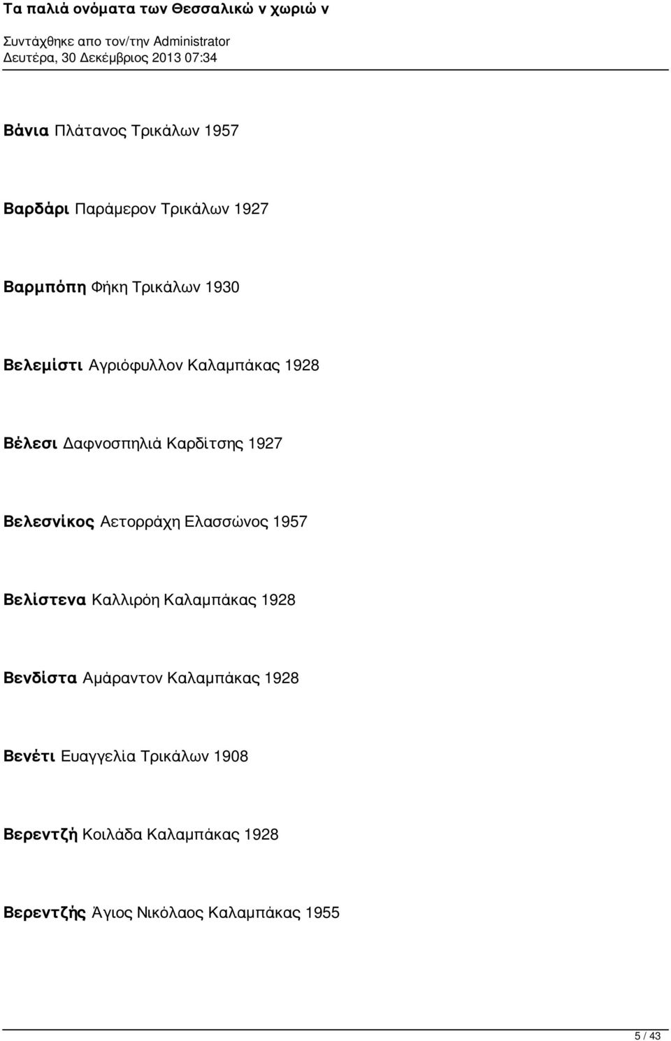 Ελασσώνος 1957 Βελίστενα Καλλιρόη Καλαμπάκας 1928 Βενδίστα Αμάραντον Καλαμπάκας 1928 Βενέτι