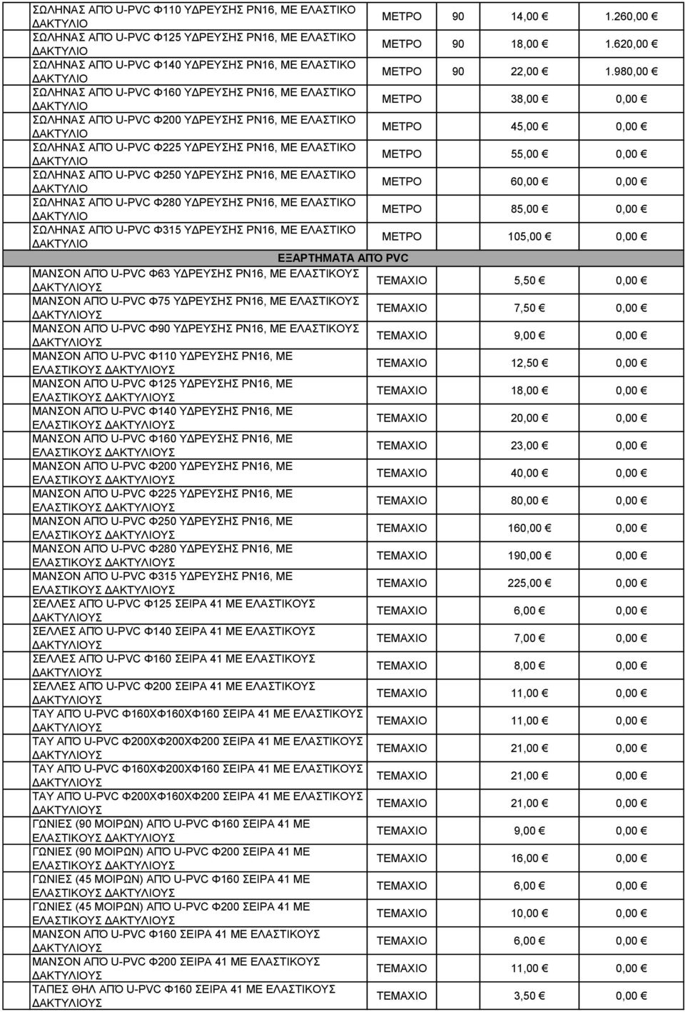 980,00 ΣΩΛΗΝΑΣ ΑΠΌ U-PVC Φ160 ΥΔΡΕΥΣΗΣ ΡΝ16, ΜΕ ΕΛΑΣΤΙΚΟ ΜΕΤΡΟ 38,00 0,00 ΣΩΛΗΝΑΣ ΑΠΌ U-PVC Φ200 ΥΔΡΕΥΣΗΣ ΡΝ16, ΜΕ ΕΛΑΣΤΙΚΟ ΜΕΤΡΟ 45,00 0,00 ΣΩΛΗΝΑΣ ΑΠΌ U-PVC Φ225 ΥΔΡΕΥΣΗΣ ΡΝ16, ΜΕ ΕΛΑΣΤΙΚΟ ΜΕΤΡΟ