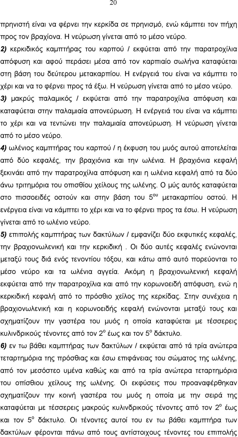 Η ενέργειά του είναι να κάμπτει το χέρι και να το φέρνει προς τά έξω. Η νεύρωση γίνεται από το μέσο νεύρο.