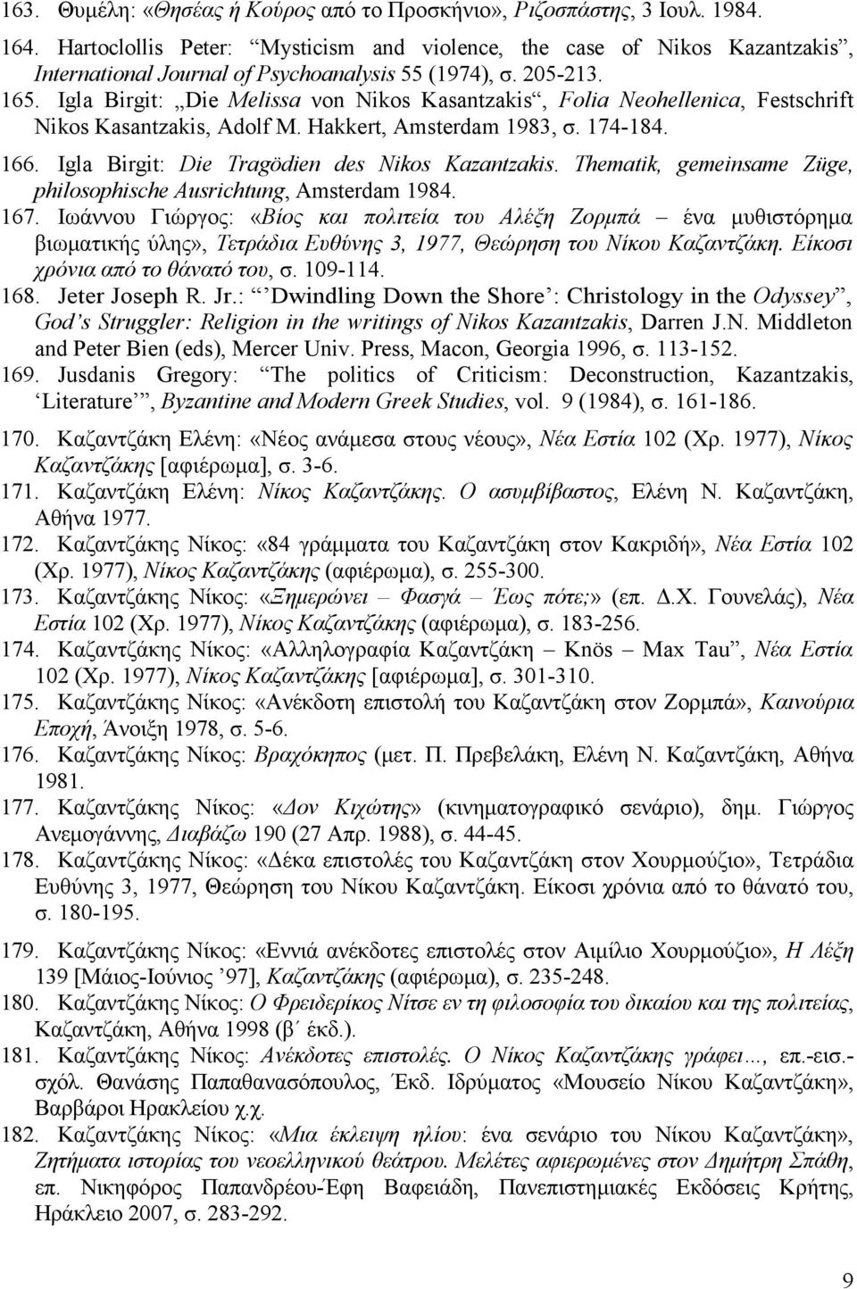 Igla Birgit: Die Melissa νοn Nikos Kasantzakis, Folia Neohellenica, Festschrift Nikos Kasantzakis, Adolf M. Hakkert, Amsterdam 1983, σ. 174-184. 166. Igla Birgit: Die Tragödien des Nikos Kazantzakis.