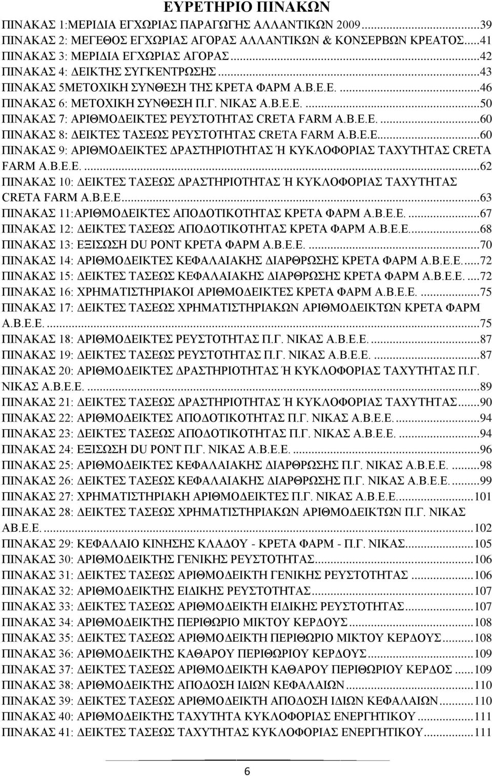 Β.Ε.Ε.... 60 ΠΙΝΑΚΑΣ 8: ΔΕΙΚΤΕΣ ΤΑΣΕΩΣ ΡΕΥΣΤΟΤΗΤΑΣ CRETA FARM Α.Β.Ε.Ε... 60 ΠΙΝΑΚΑΣ 9: ΑΡΙΘΜΟΔΕΙΚΤΕΣ ΔΡΑΣΤΗΡΙΟΤΗΤΑΣ Ή ΚΥΚΛΟΦΟΡΙΑΣ ΤΑΧΥΤΗΤΑΣ CRETA FARM Α.Β.Ε.Ε.... 62 ΠΙΝΑΚΑΣ 10: ΔΕΙΚΤΕΣ ΤΑΣΕΩΣ ΔΡΑΣΤΗΡΙΟΤΗΤΑΣ Ή ΚΥΚΛΟΦΟΡΙΑΣ ΤΑΧΥΤΗΤΑΣ CRETA FARM Α.