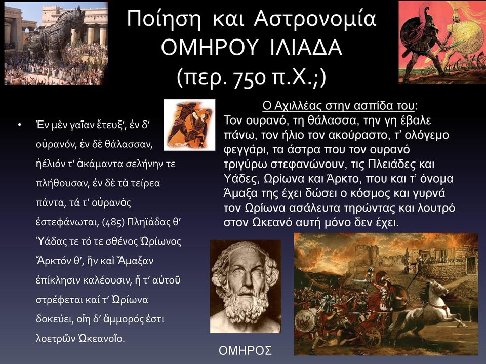 σθένος Ὠρίωνος Ἄρκτόν θ, ἣν καὶ Ἄμαξαν ἐπίκλησιν καλέουσιν, ἥ τ αὐτοῦ στρέφεται καί τ Ὠρίωνα δοκεύει, οἴη δ ἄμμορός ἐστι λοετρῶν Ὠκεανοῖο.