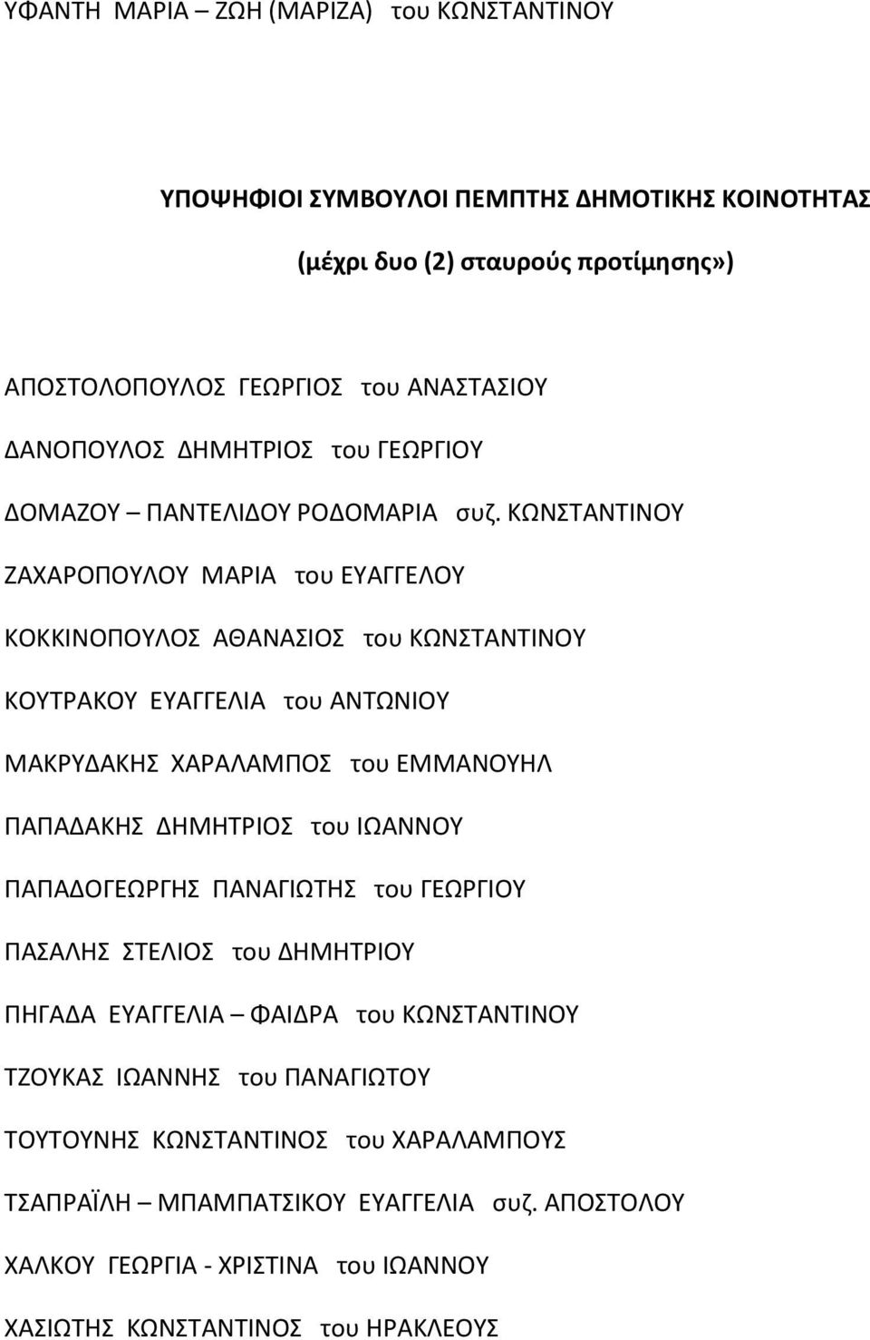 ΚΩΝΣΤΑΝΤΙΝΟΥ ΖΑΧΑΡΟΠΟΥΛΟΥ ΜΑΡΙΑ του ΕΥΑΓΓΕΛΟΥ ΚΟΚΚΙΝΟΠΟΥΛΟΣ ΑΘΑΝΑΣΙΟΣ του ΚΩΝΣΤΑΝΤΙΝΟΥ ΚΟΥΤΡΑΚΟΥ ΕΥΑΓΓΕΛΙΑ του ΑΝΤΩΝΙΟΥ ΜΑΚΡΥΔΑΚΗΣ ΧΑΡΑΛΑΜΠΟΣ του ΕΜΜΑΝΟΥΗΛ ΠΑΠΑΔΑΚΗΣ