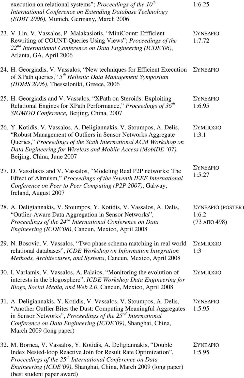 Georgiadis, V. Vassalos, New techniques for Efficient Execution of XPath queries, 5 th Hellenic Data Management Symposium (HDMS 2006), Thessaloniki, Greece, 2006 25. H. Georgiadis and V.