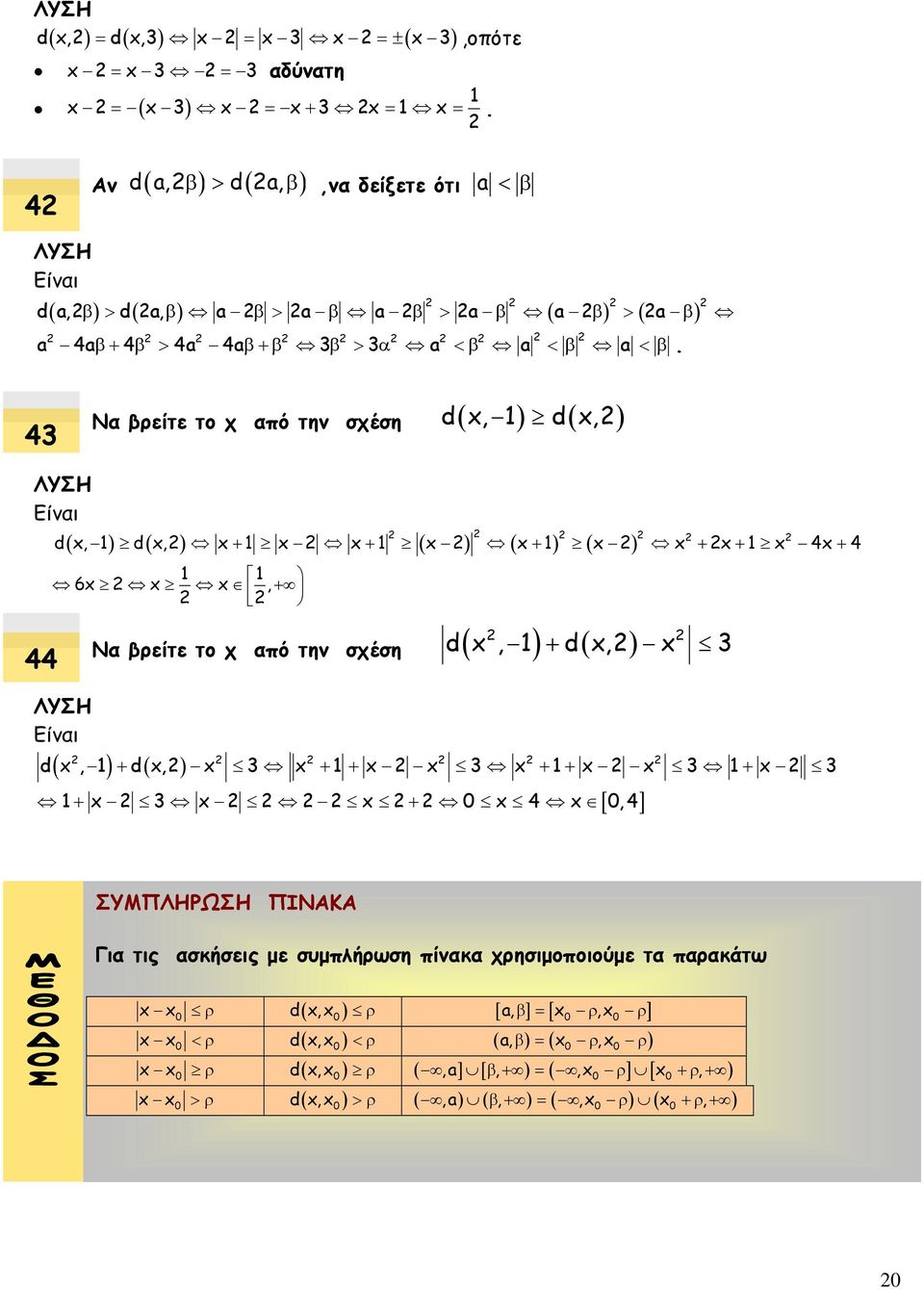 x, 1 d x, x 3 Να βρείτε το χ από την σχέση d x, 1 d x, x 3 x 1 x x 3 x 1 x x 3 1 x 3 1 x 3 x x 0 x 4 x 0, 4 ΣΥΜΠΛΗΡΩΣΗ ΠΙΝΑΚΑ Για τις