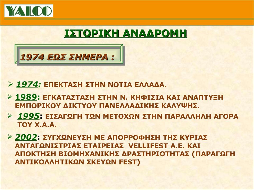 1995: ΕΙΣΑΓΩΓΗ ΤΩΝ ΜΕΤΟΧΩΝ ΣΤΗΝ ΠΑΡΑΛΛΗΛΗ ΑΓΟΡΑ ΤΟΥ Χ.Α.Α. 2002: ΣΥΓΧΩΝΕΥΣΗ ΜΕ ΑΠΟΡΡΟΦΗΣΗ ΤΗΣ ΚΥΡΙΑΣ ΑΝΤΑΓΩΝΙΣΤΡΙΑΣ ΕΤΑΙΡΕΙΑΣ VELLIFEST A.