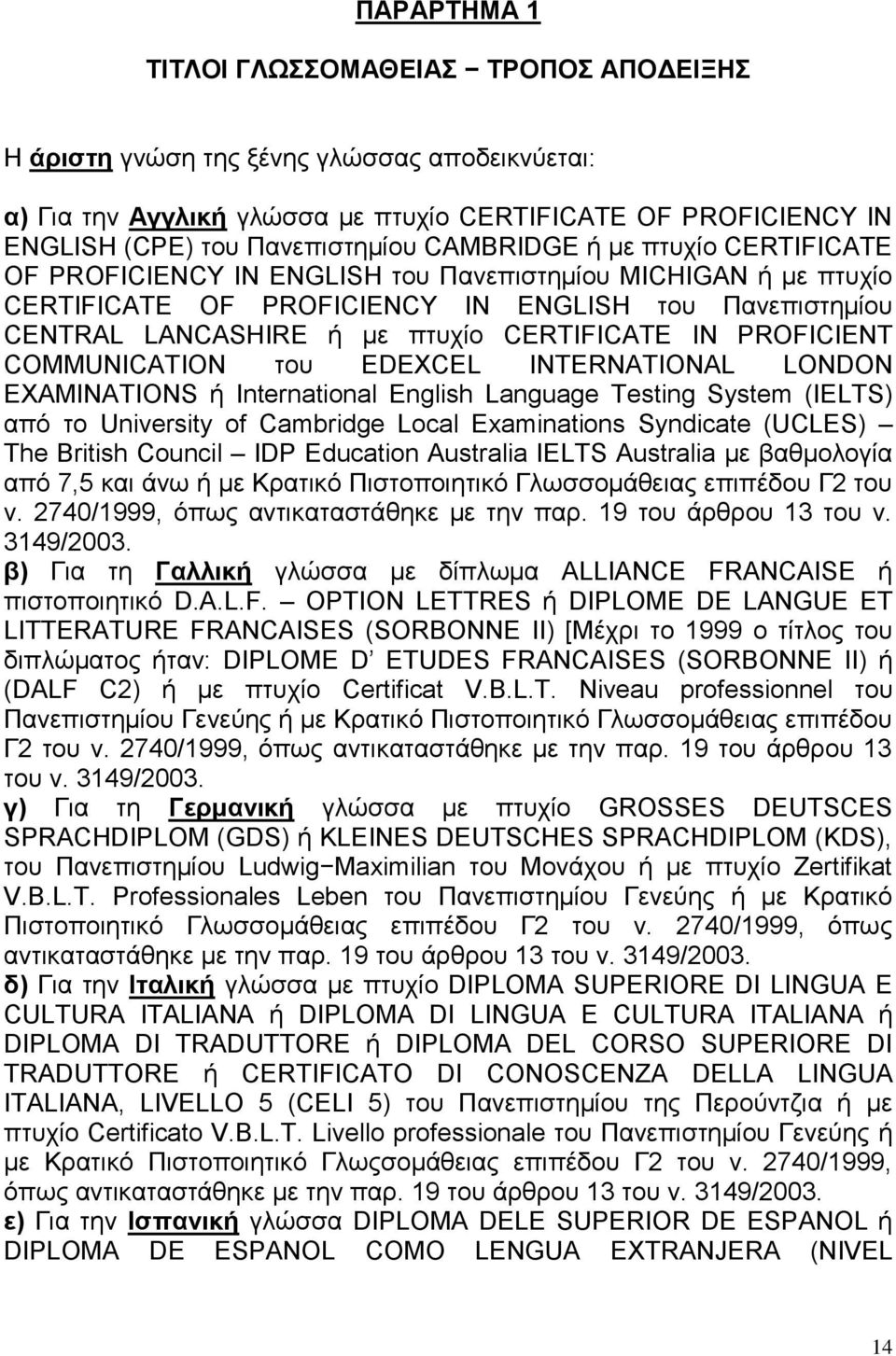 IN PROFICIENT COMMUNICATION του EDEXCEL INTERNATIONAL LONDON EXAMINATIONS ή International English Language Testing System (IELTS) από το University of Cambridge Local Examinations Syndicate (UCLES)