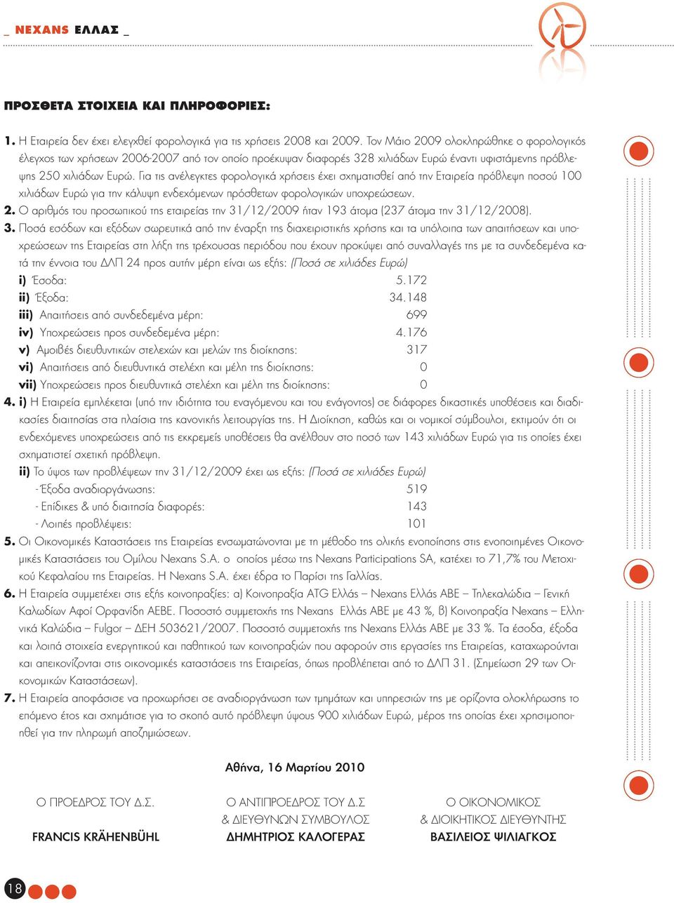 Για τις ανέλεγκτες φορολογικά χρήσεις έχει σχηματισθεί από την Εταιρεία πρόβλεψη ποσού 100 χιλιάδων Ευρώ για την κάλυψη ενδεχόμενων πρόσθετων φορολογικών υποχρεώσεων. 2.