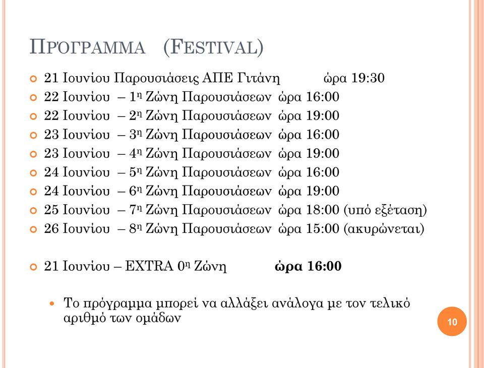 Παρουσιάσεων ώρα 16:00 24 Ιουνίου 6 η Ζώνη Παρουσιάσεων ώρα 19:00 25 Ιουνίου 7 η Ζώνη Παρουσιάσεων ώρα 18:00 (υπό εξέταση) 26 Ιουνίου 8