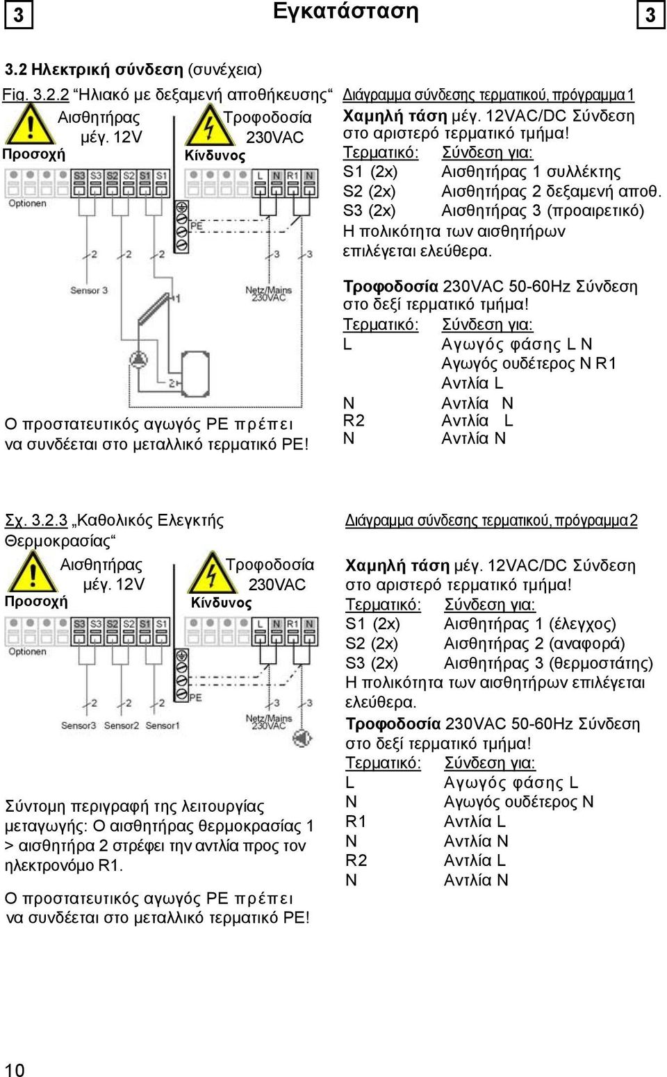 S3 (2x) Αισθητήρας 3 (προαιρετικό) Η πολικότητα των αισθητήρων επιλέγεται ελεύθερα. Ο προστατευτικός αγωγός PE πρέπει να συνδέεται στο μεταλλικό τερματικό PE!