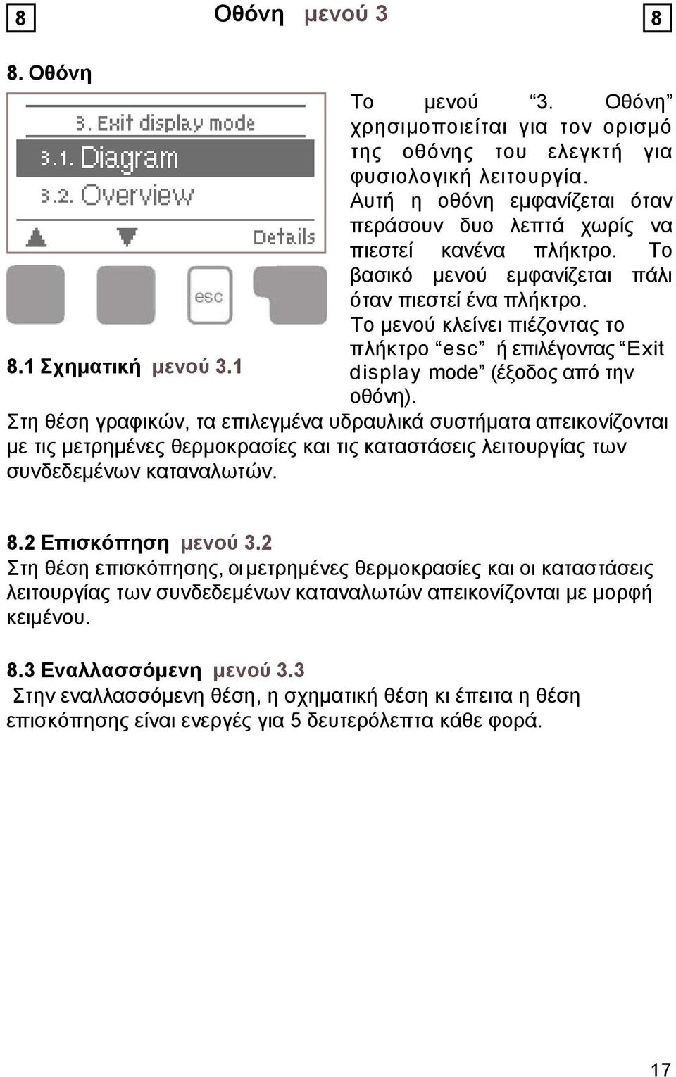 Tο μενού κλείνει πιέζοντας το πλήκτρο esc ή επιλέγοντας Exit 8.1 Σχηματική μενού 3.1 display mode (έξοδος από την οθόνη).