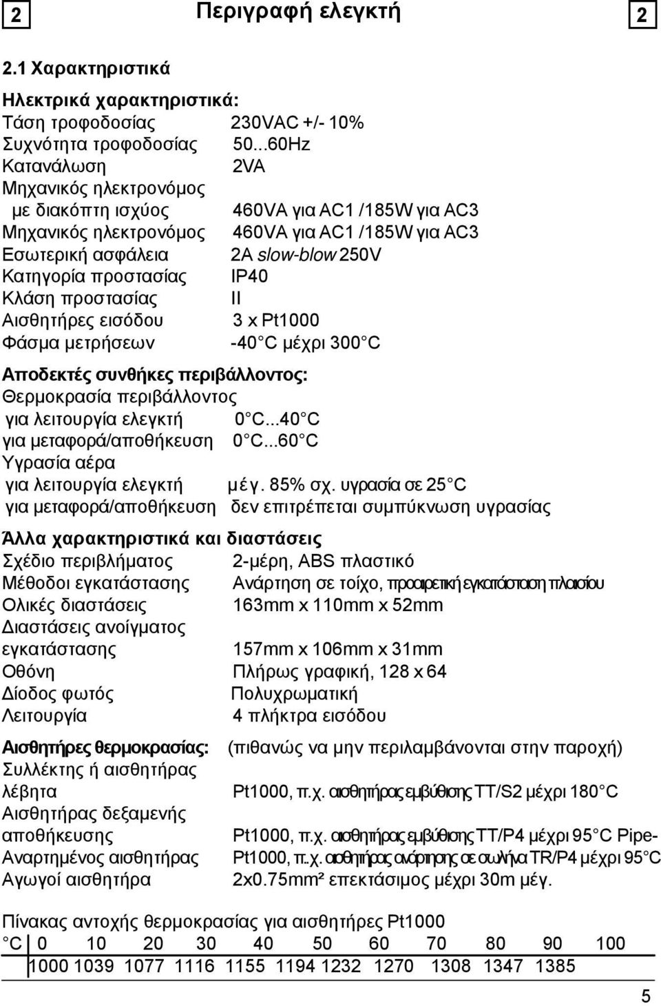 προστασίας IP40 Κλάση προστασίας II Αισθητήρες εισόδου 3 x Pt1000 Φάσμα μετρήσεων -40 C μέχρι 300 C Αποδεκτές συνθήκες περιβάλλοντος: Θερμοκρασία περιβάλλοντος για λειτουργία ελεγκτή 0 C.